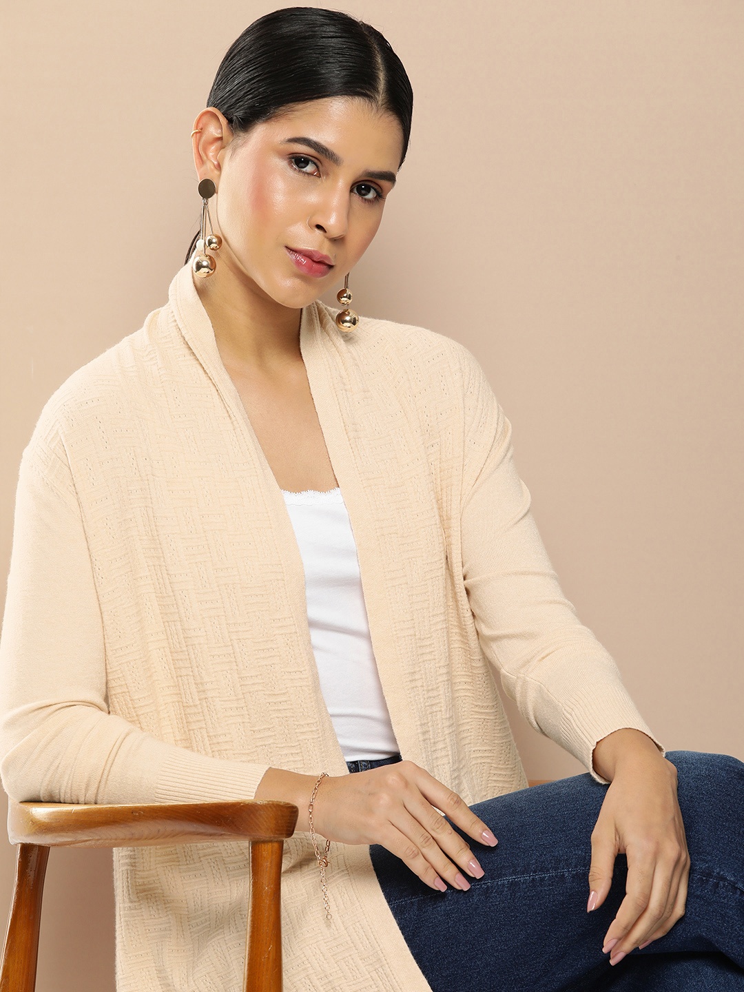 

her by invictus Self Design Open Front Longline Shrug, Beige