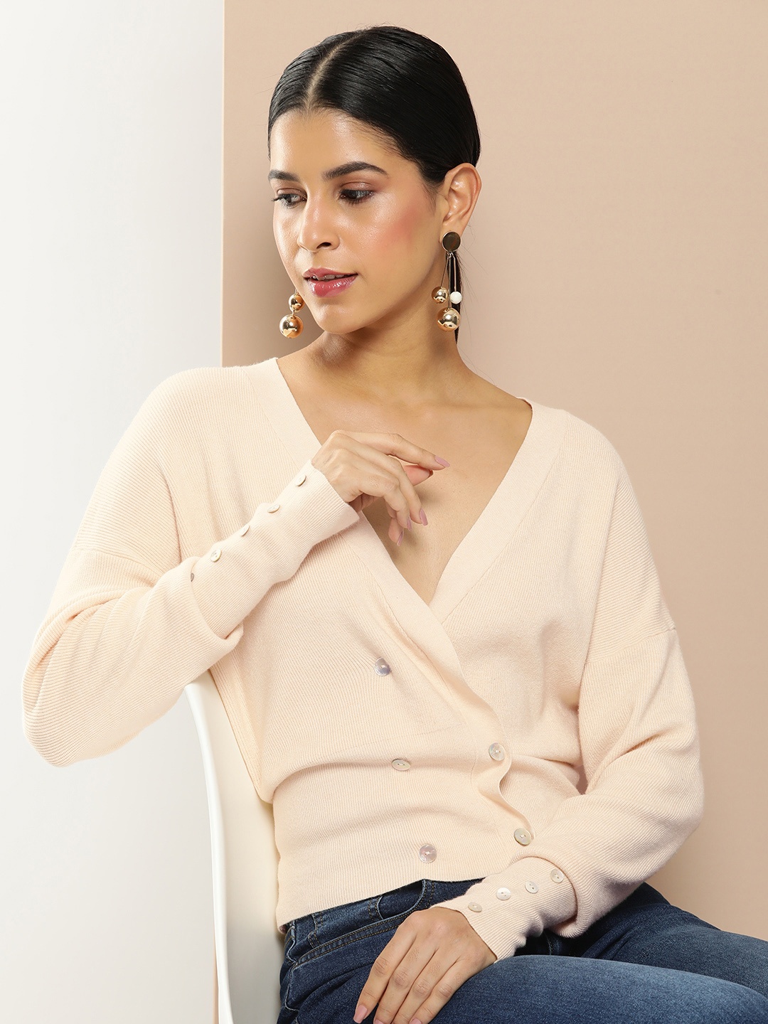 

her by invictus Solid Long Sleeves Ribbed Cardigan Sweater, Beige