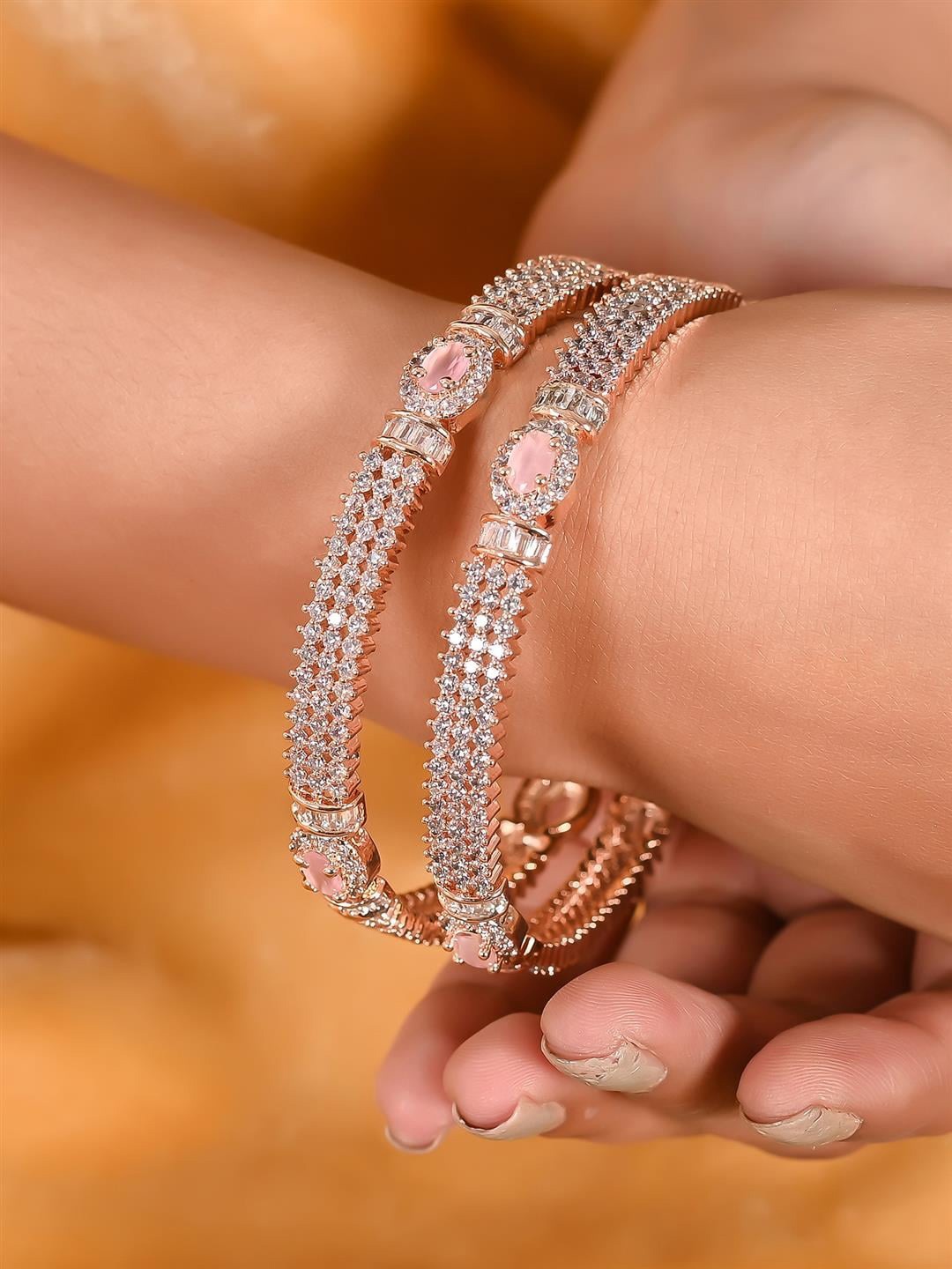 

RATNAVALI JEWELS Set Of 2 Rose Gold-Plated AD-Studded Bangles