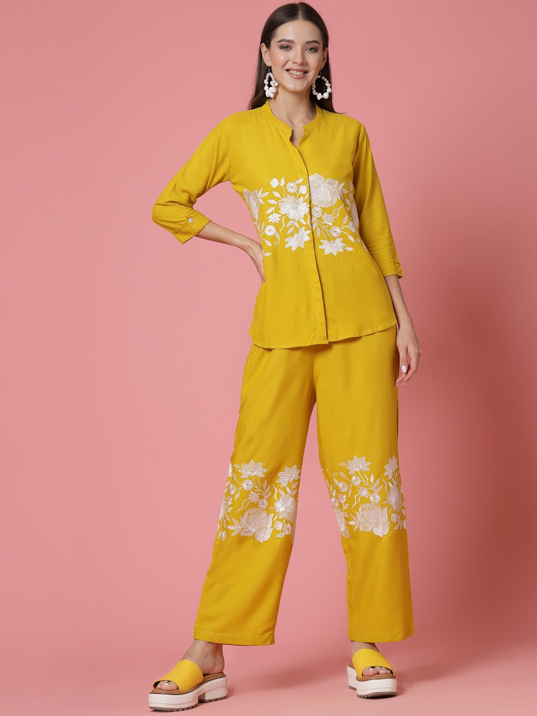 KALINI Embroidered Top With Trousers, Yellow