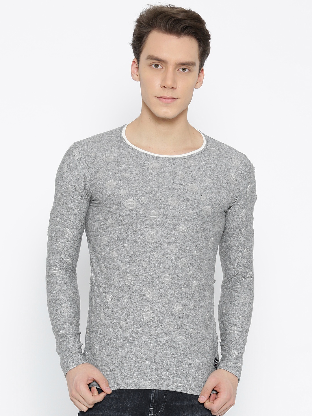 

Status Quo Men Grey Melange Self Design Round Neck T-shirt
