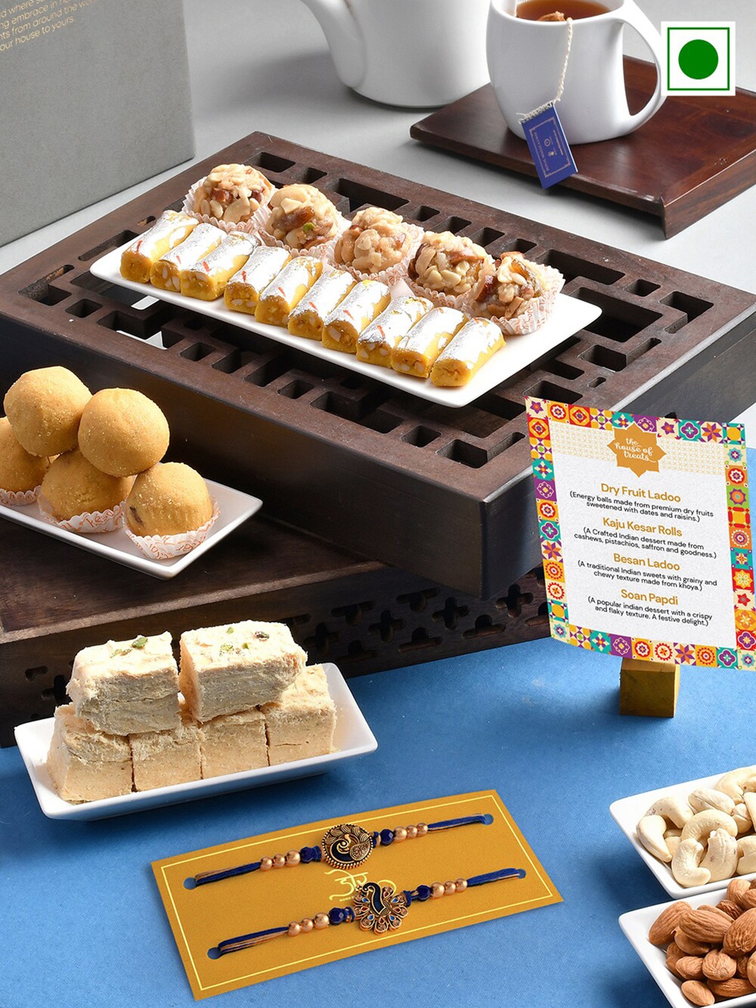 

RawFruit Set Of 2 Peacock Charm Rakhi With Sweets Gifts Set-800 gms, Blue