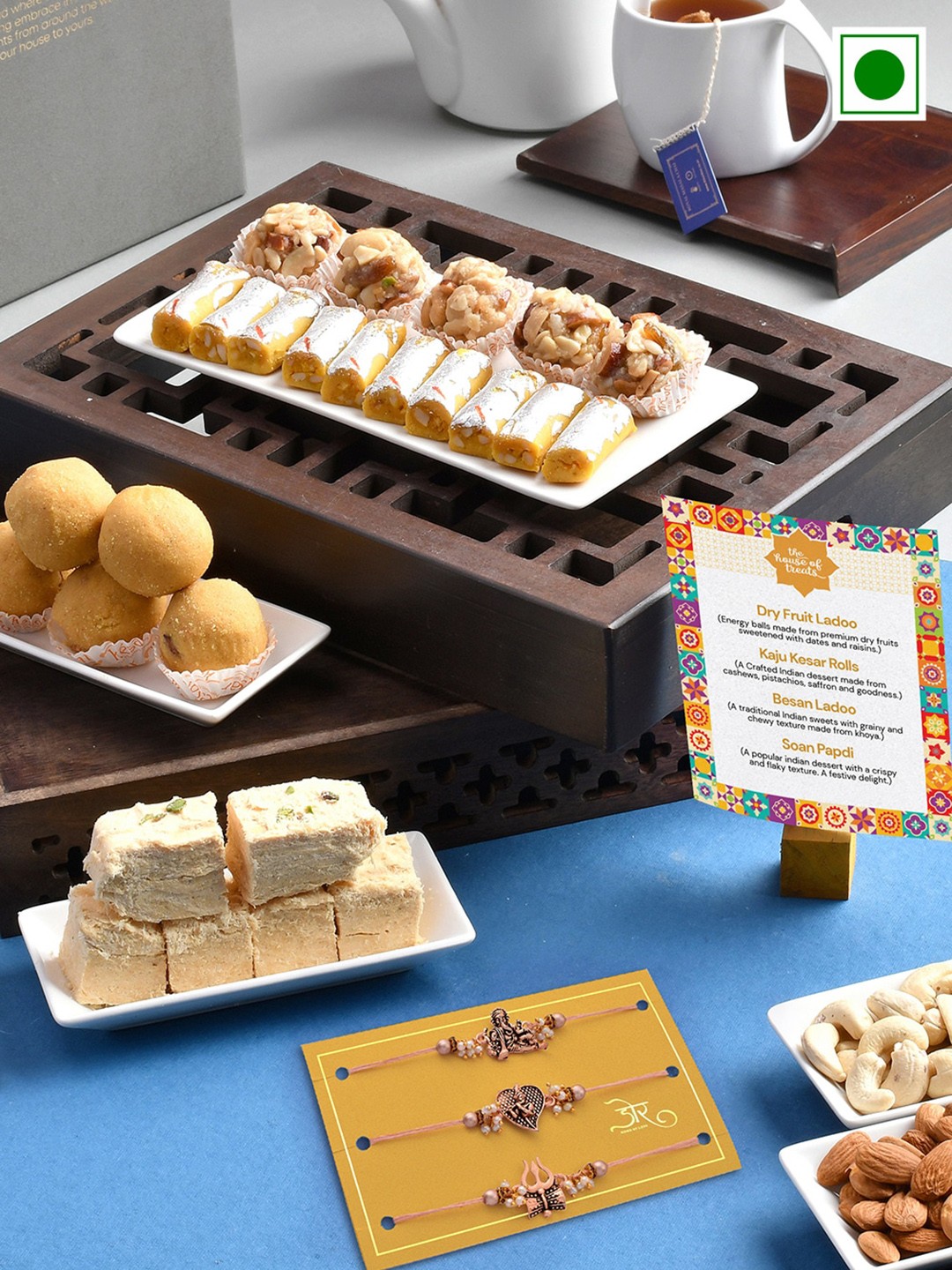 

RawFruit Set Of 3 Rakhi With Sweets Gifts Set, Peach