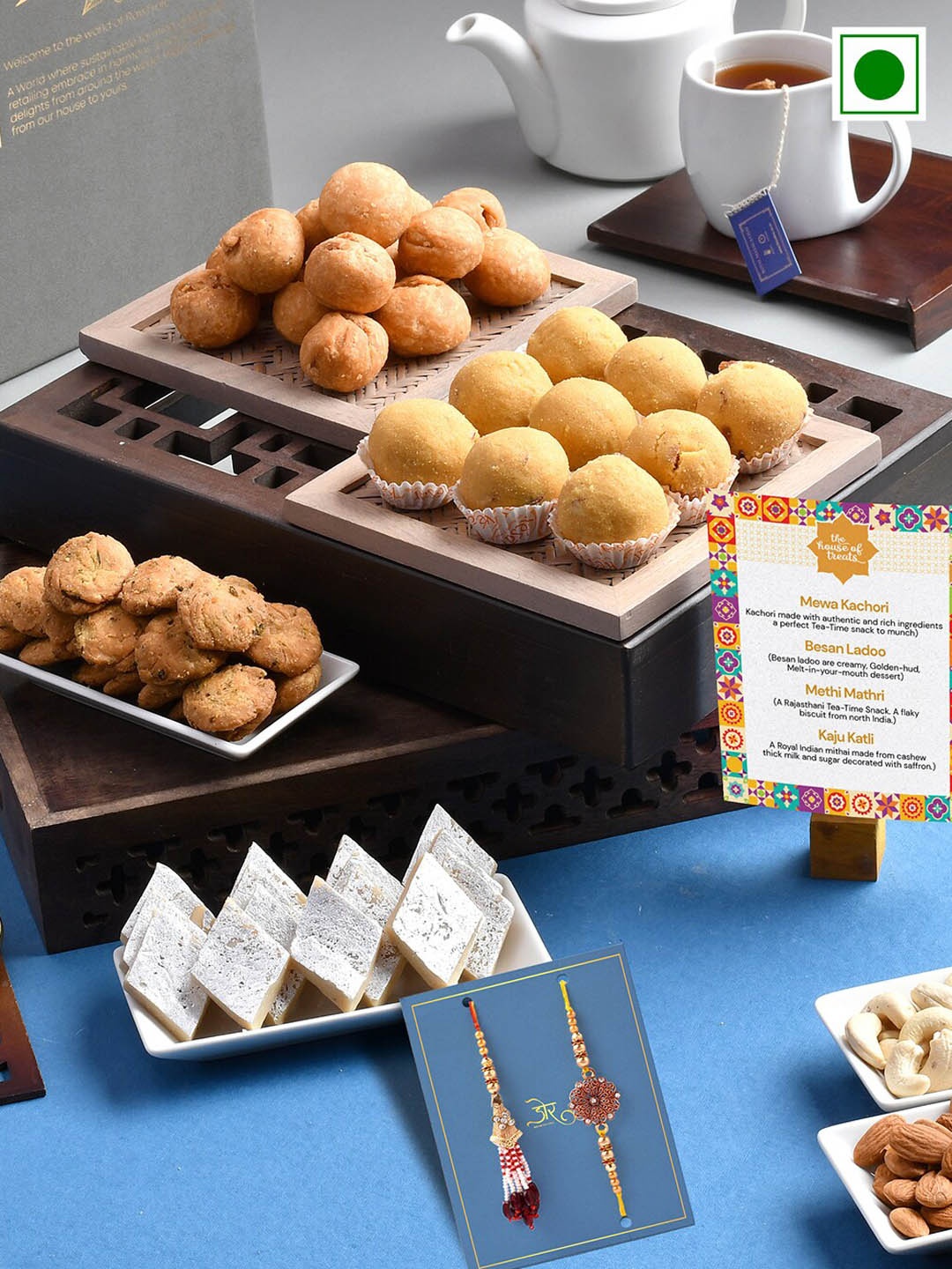 

RawFruit Set Of 2 Bhai Bhabhi Rakhis With Sweet Savoury Set-800gms, Beige