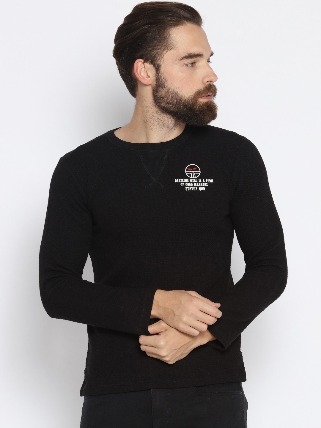 

Status Quo Men Black Self Design Round Neck T-shirt