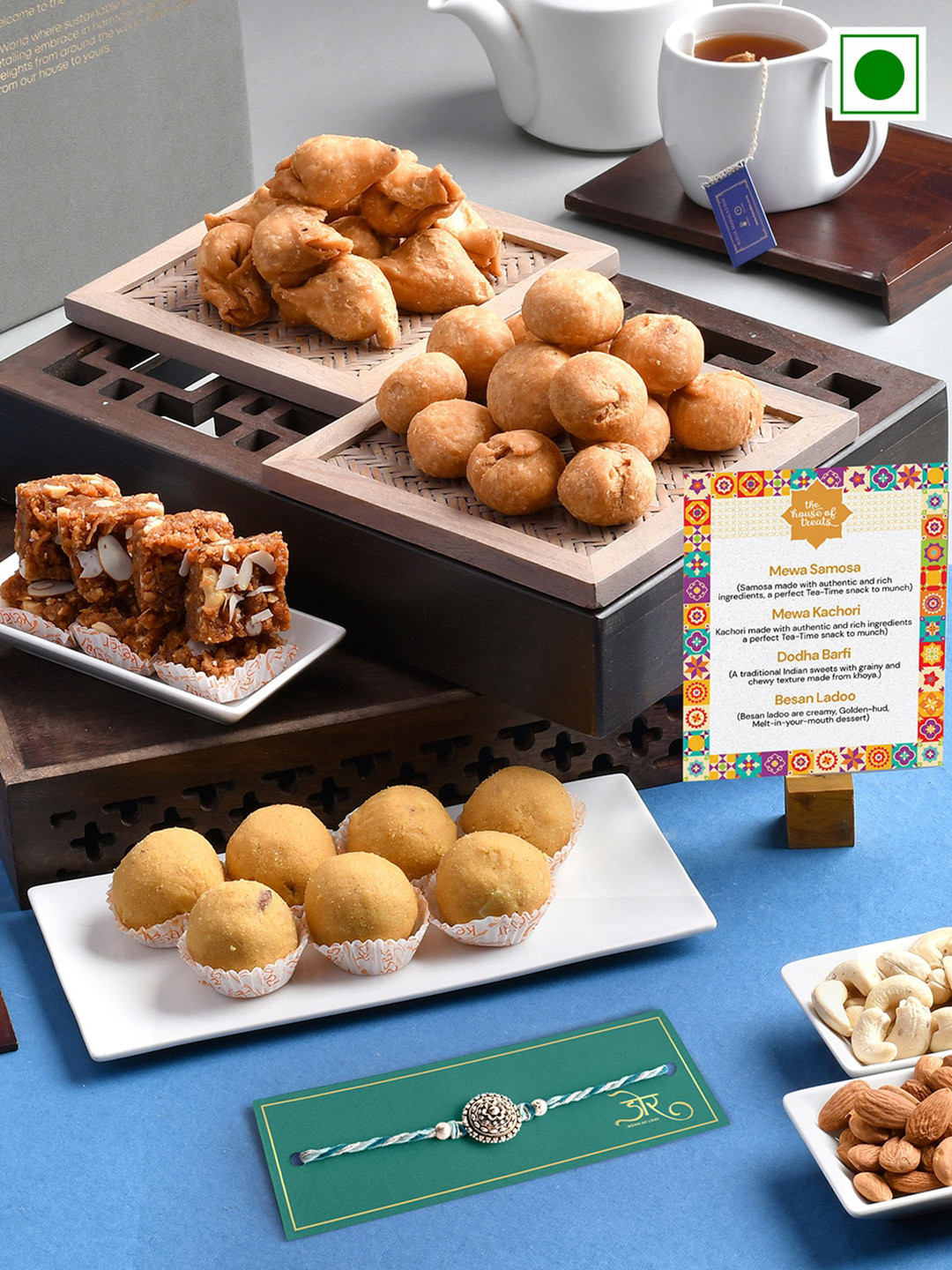 

RawFruit Rakhi With Roli Chawal & Roli Chawal & Sweet Savoury Set-200 gms Each, Blue