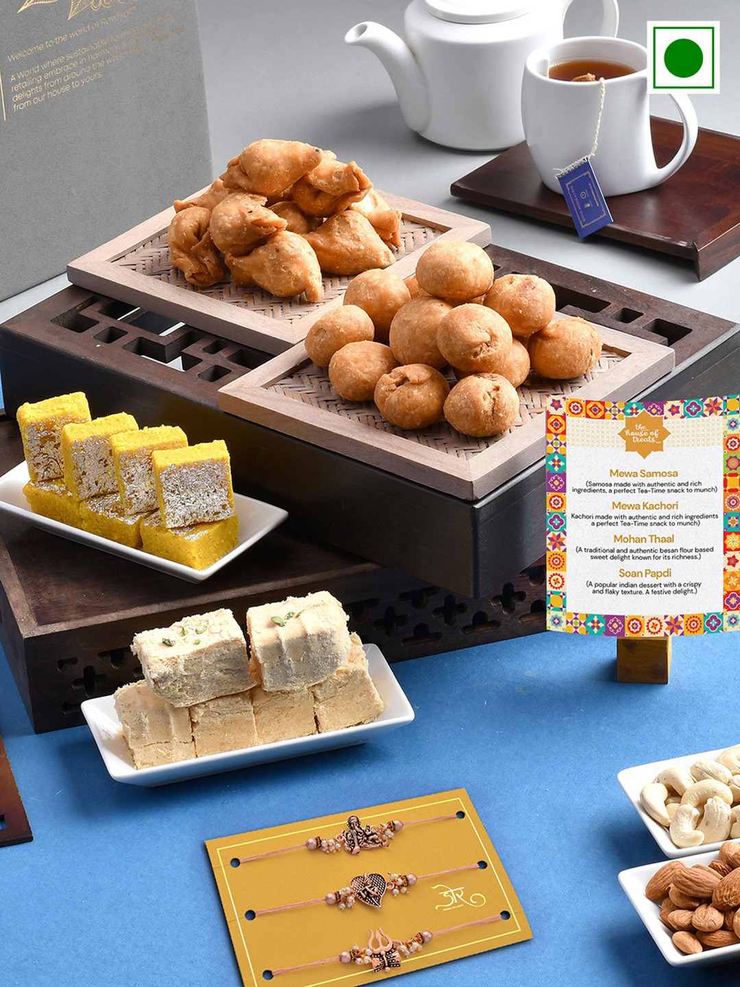 

RawFruit Set Of 3 Beaded Rakhis With Roli Chawal & Sweet Savoury Set-200 gms Each, Rose gold