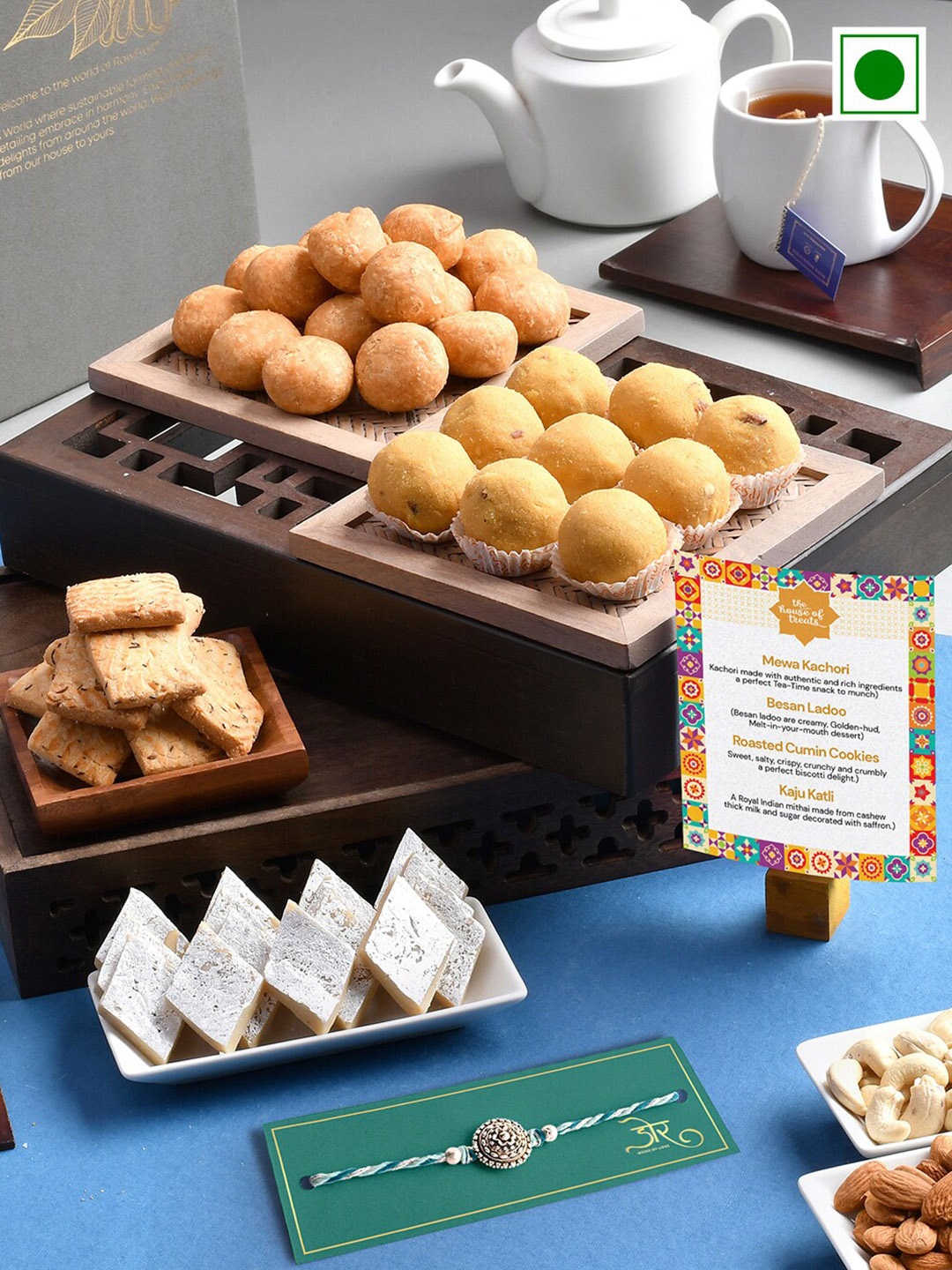 

RawFruit Thread Rakhi With Roli Chawal & Sweets Savoury Set--200 gms Each, Silver