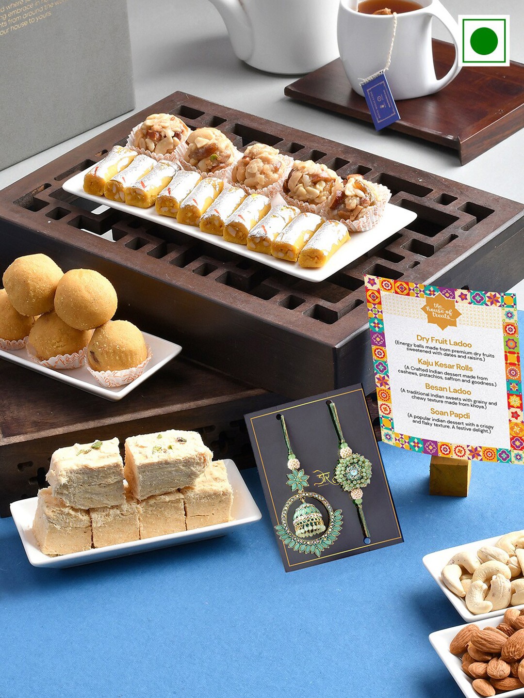 

RawFruit Set Of 2 Bhai Bhabhi Rakhis With Roli Chawal & Sweets Gift Set-200 gms Each, Green