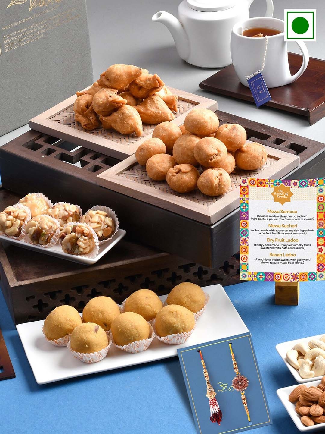 

RawFruit Set Of 2 Bhai Bhabhi Rakhi With Roli Chawal & Sweet Savoury Set-200 gms Each, Gold