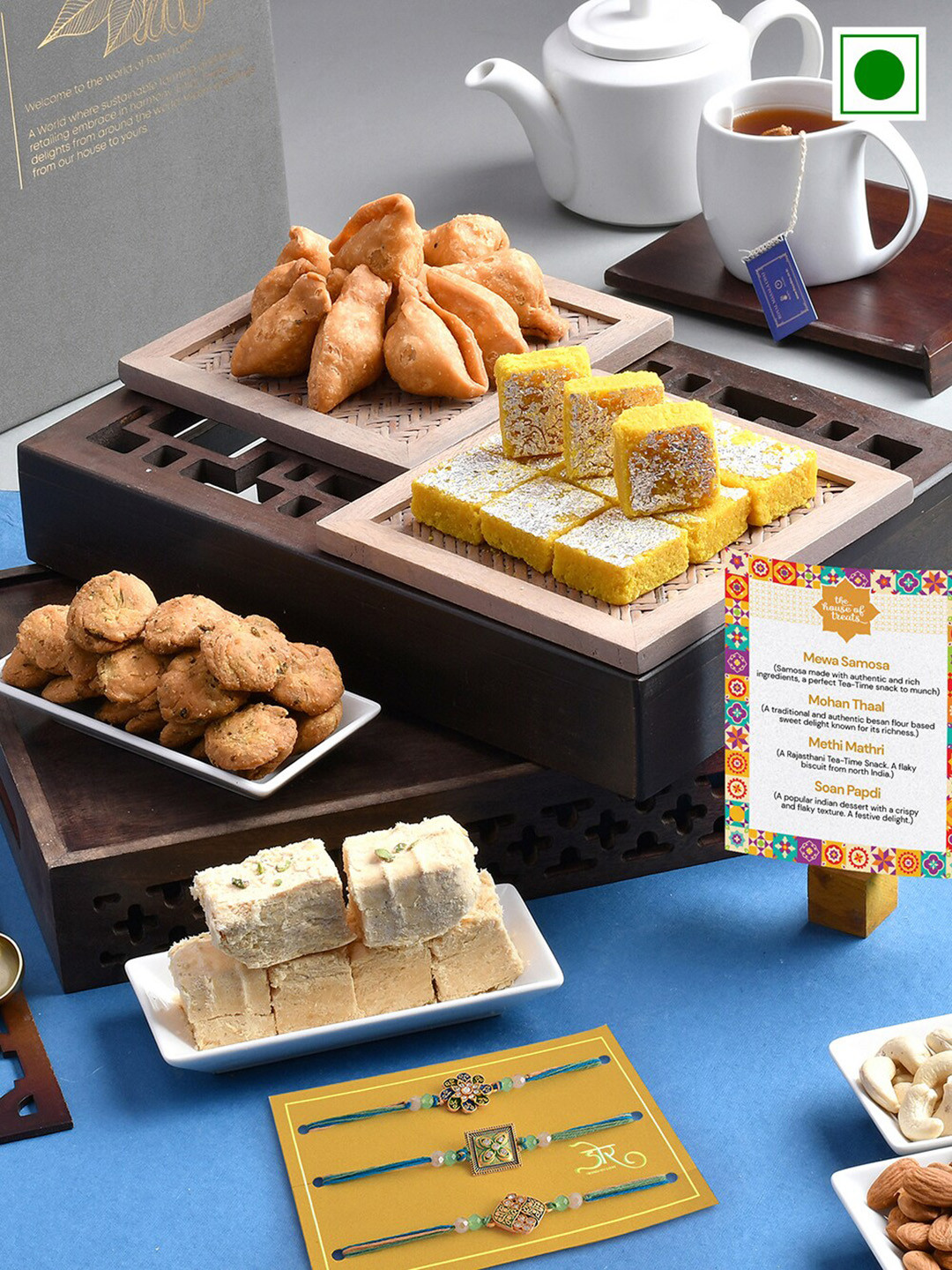 

RawFruit Set Of 3 Stone Studded & Beaded Rakhis With Sweets Savoury Set-200 gms Each, Blue