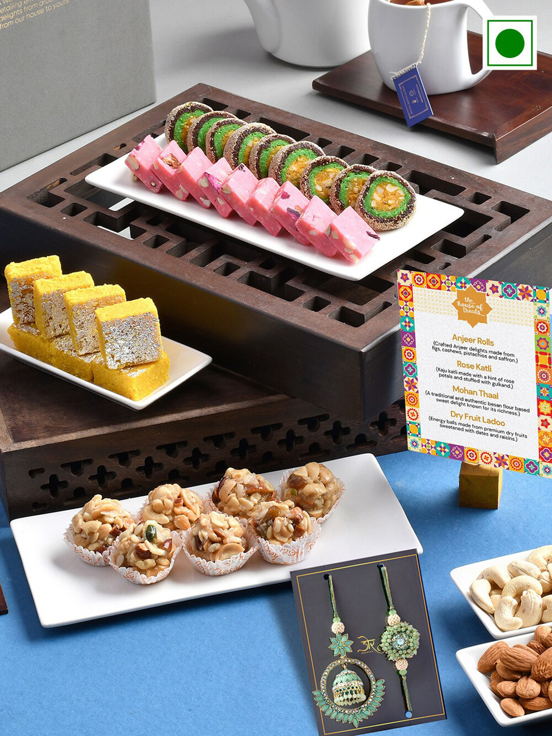 

RawFruit Set Of 2 Bhai Bhabhi Rakhi With Sweets Gift Set 200g Each, Green