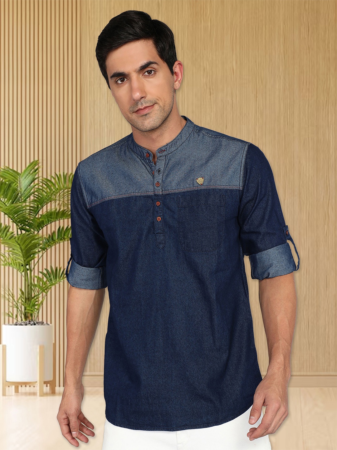 

Kuons Avenue Mandarin Collar Roll-Up Sleeves Cotton Denim Straight Kurta, Blue