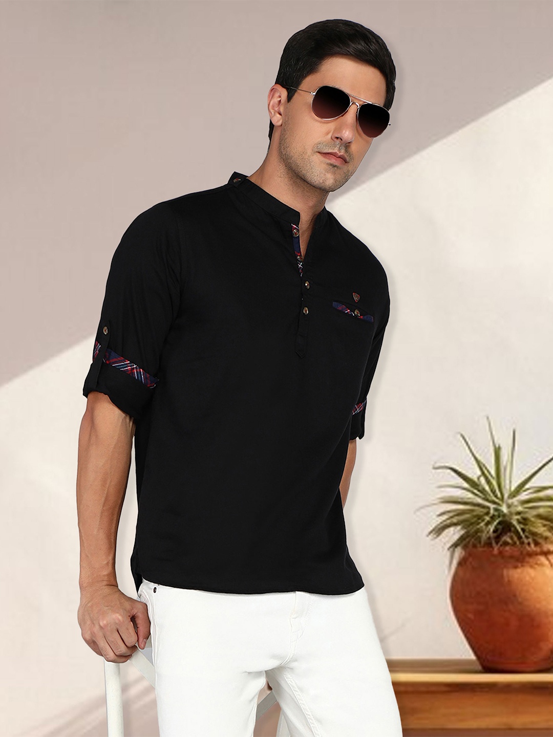 

Kuons Avenue Mandarin Collar Cotton Straight Kurta, Black