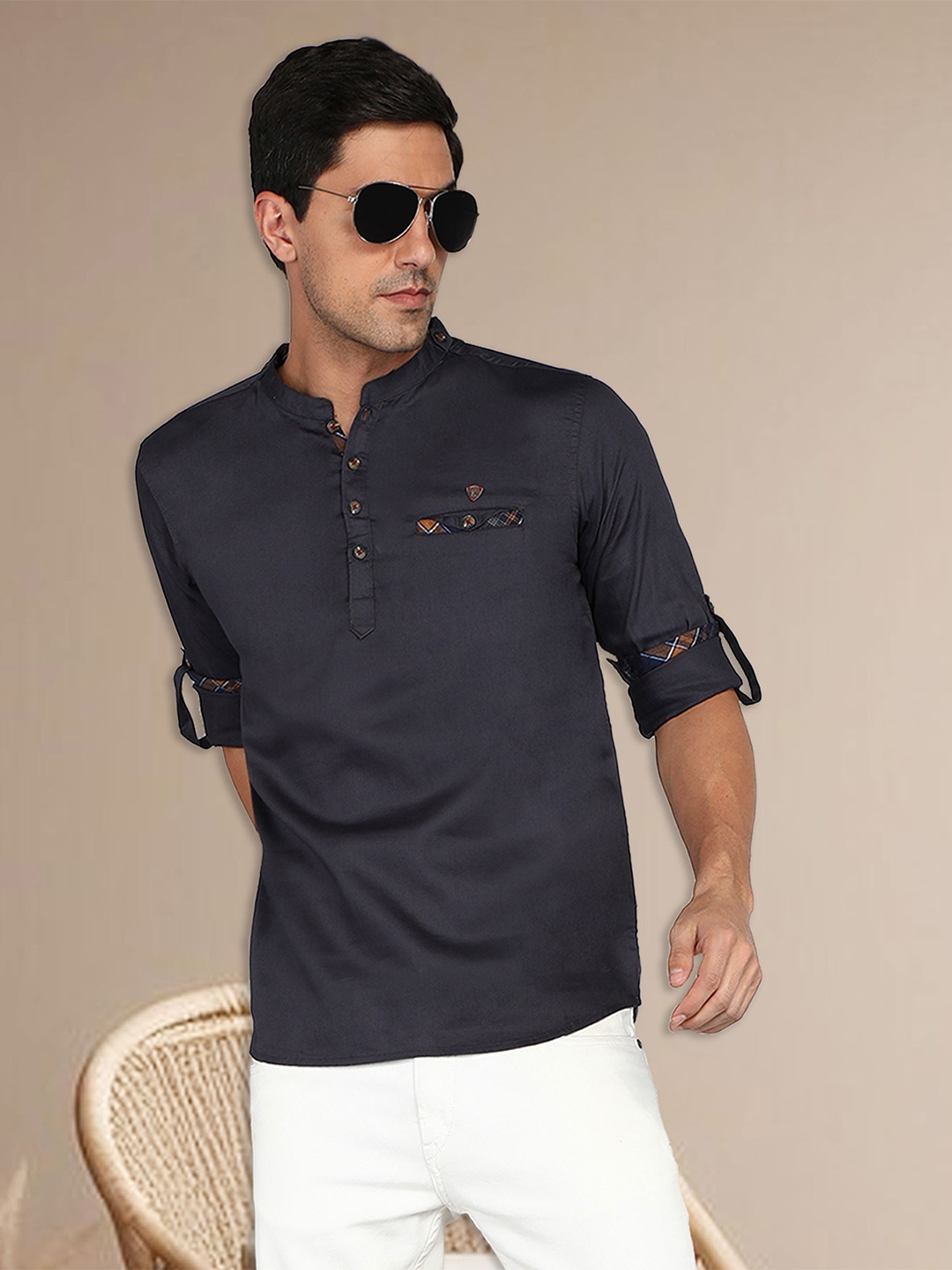 

Kuons Avenue Mandarin Collar Cotton Straight Kurta, Grey