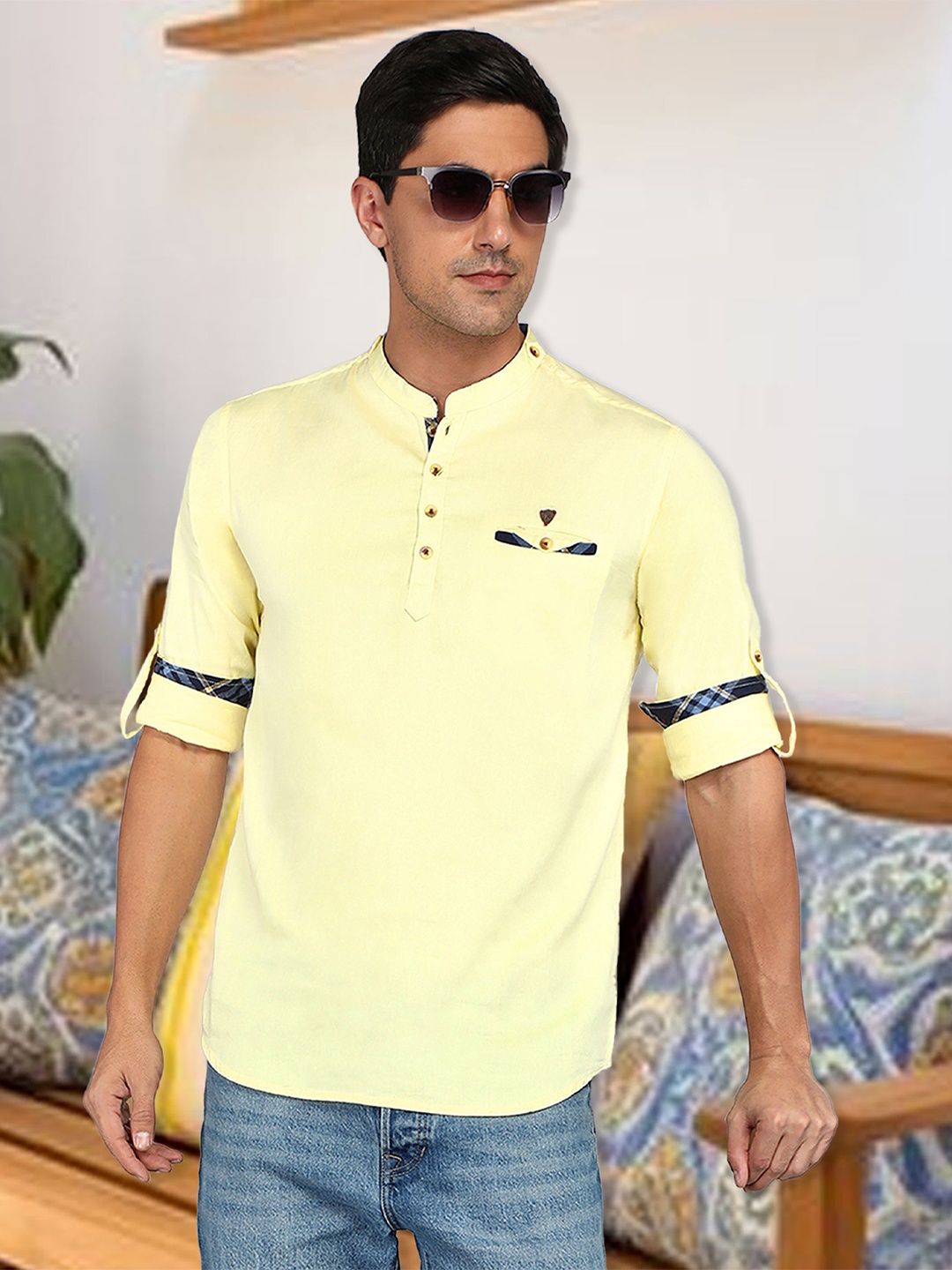 

Kuons Avenue Mandarin Collar Cotton Straight Kurta, Yellow