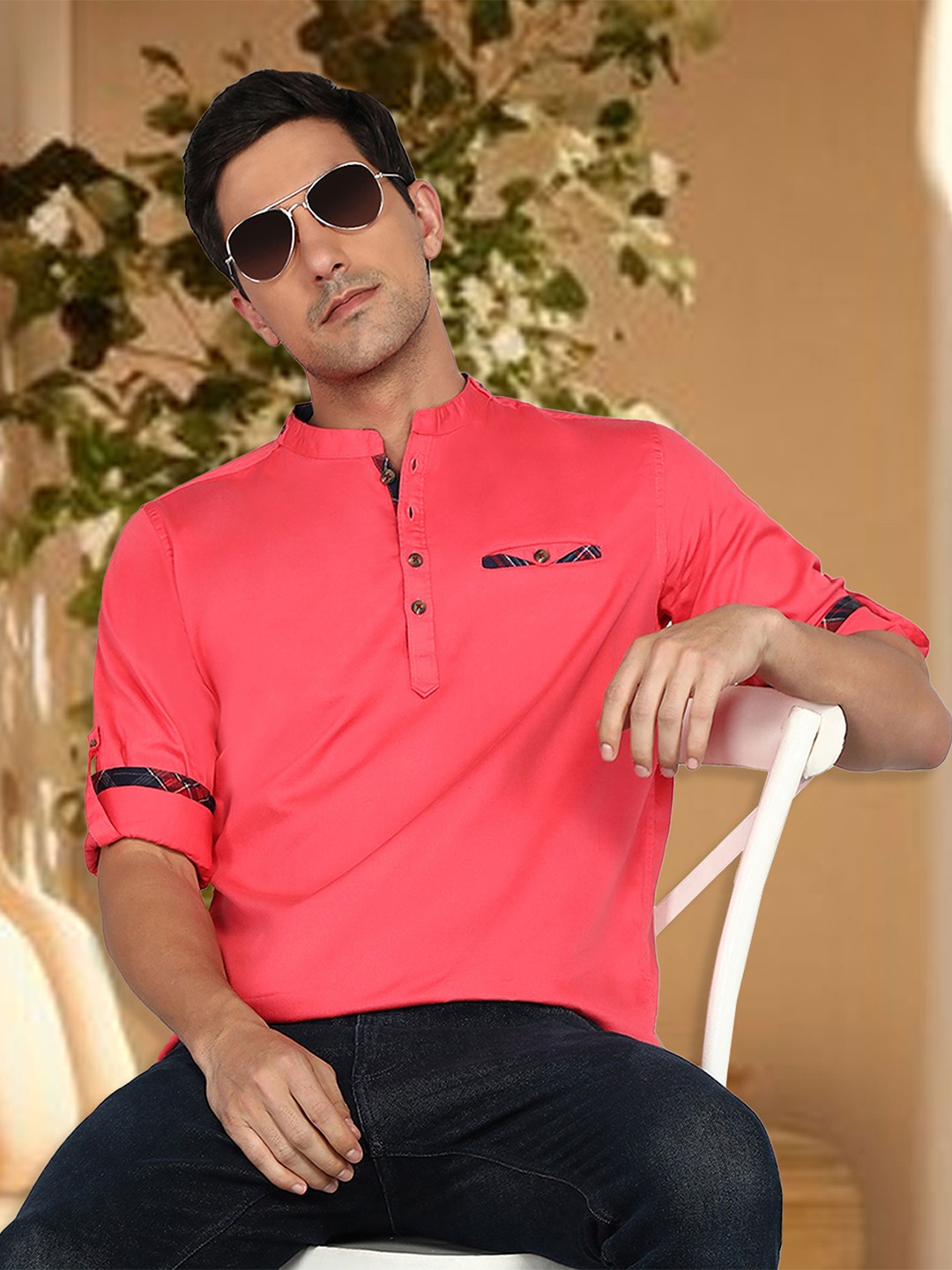 

Kuons Avenue Mandarin Collar Cotton Straight Kurta, Pink