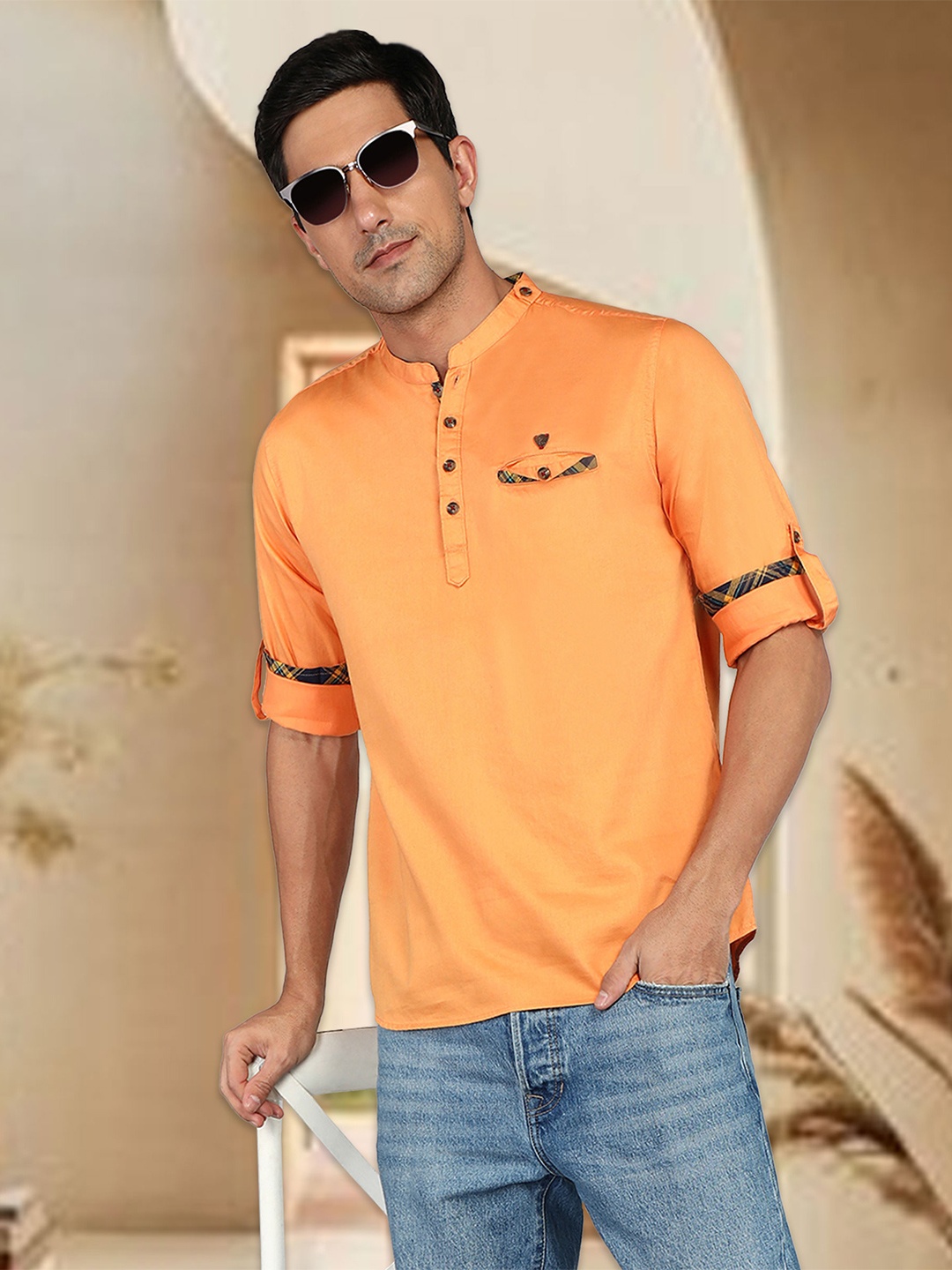 

Kuons Avenue Mandarin Collar Cotton Straight Kurta, Orange