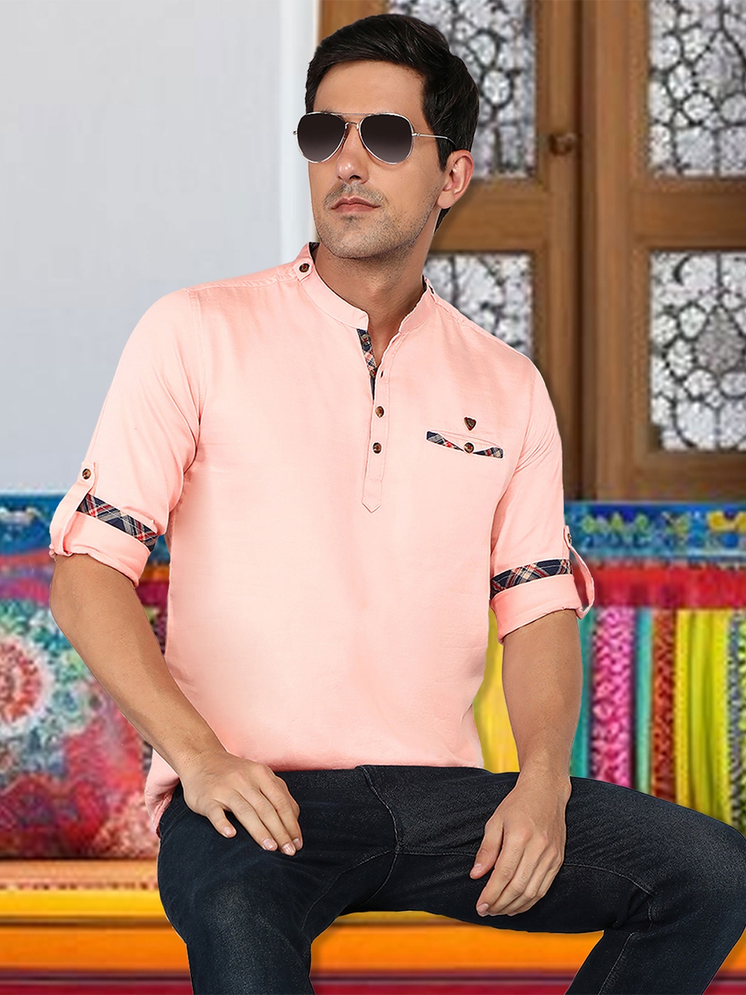

Kuons Avenue Mandarin Collar Cotton Straight Kurta, Orange