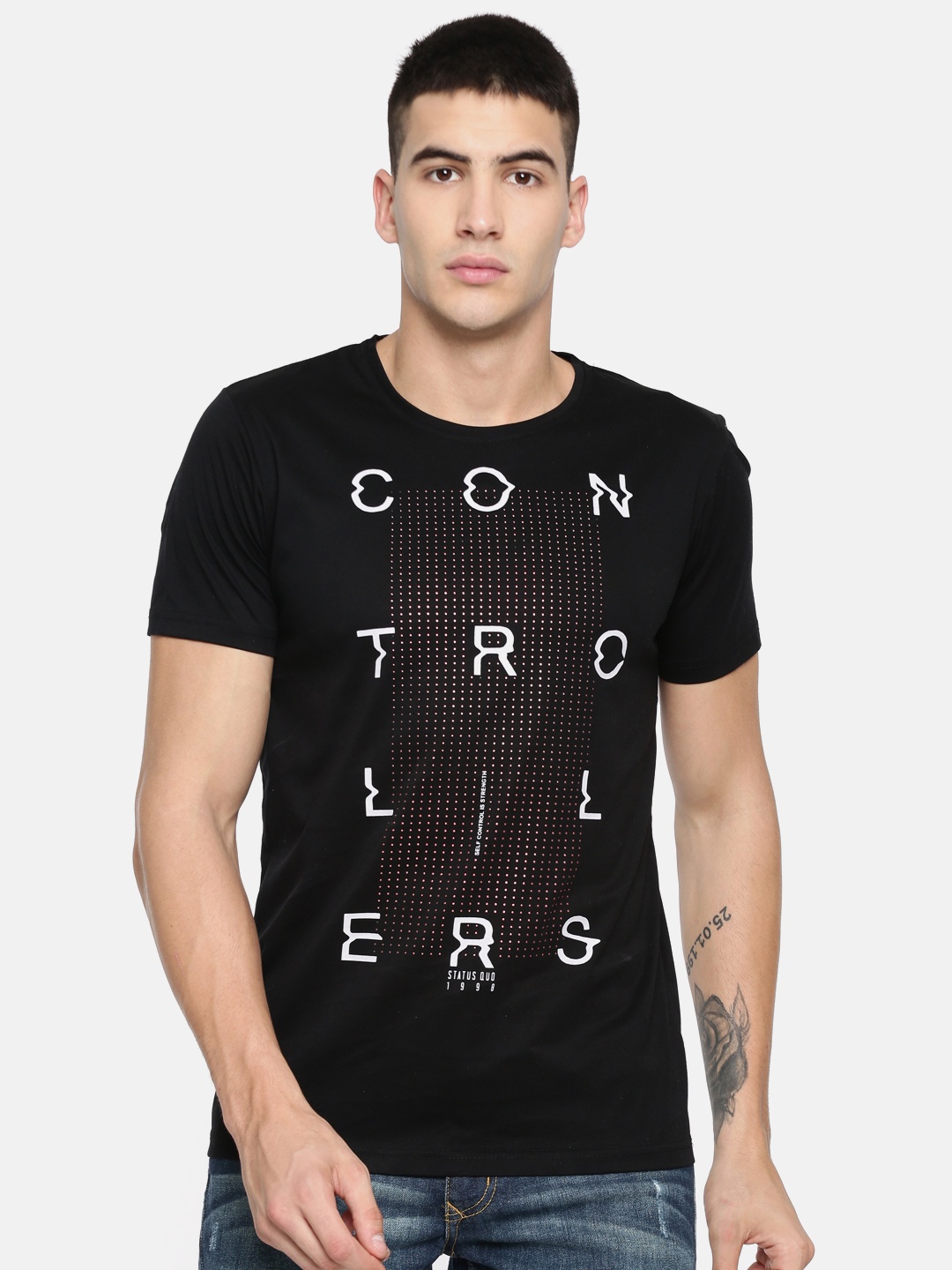 

Status Quo Men Black Printed Round Neck T-shirt