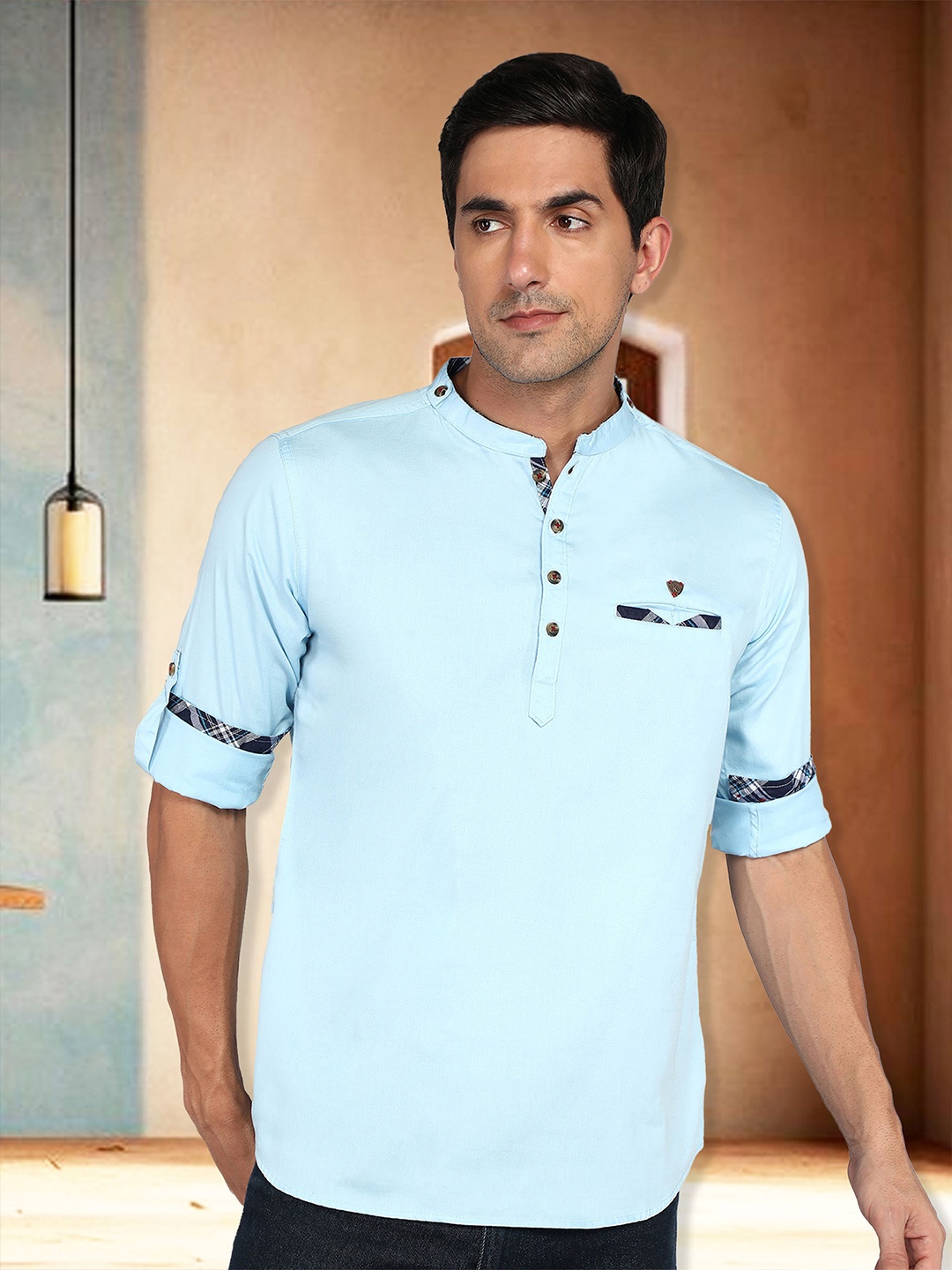

Kuons Avenue Mandarin Collar Cotton Straight Kurta, Blue