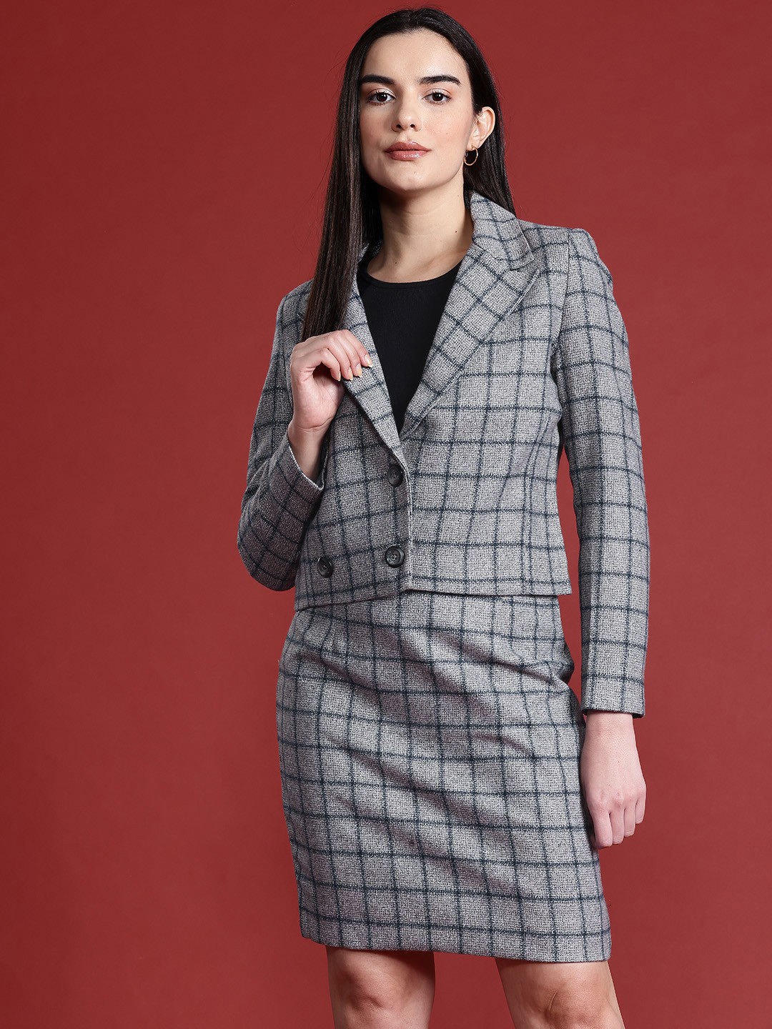 

all about you Women Checked Blazer With Skirt Co-Ords Set, Grey