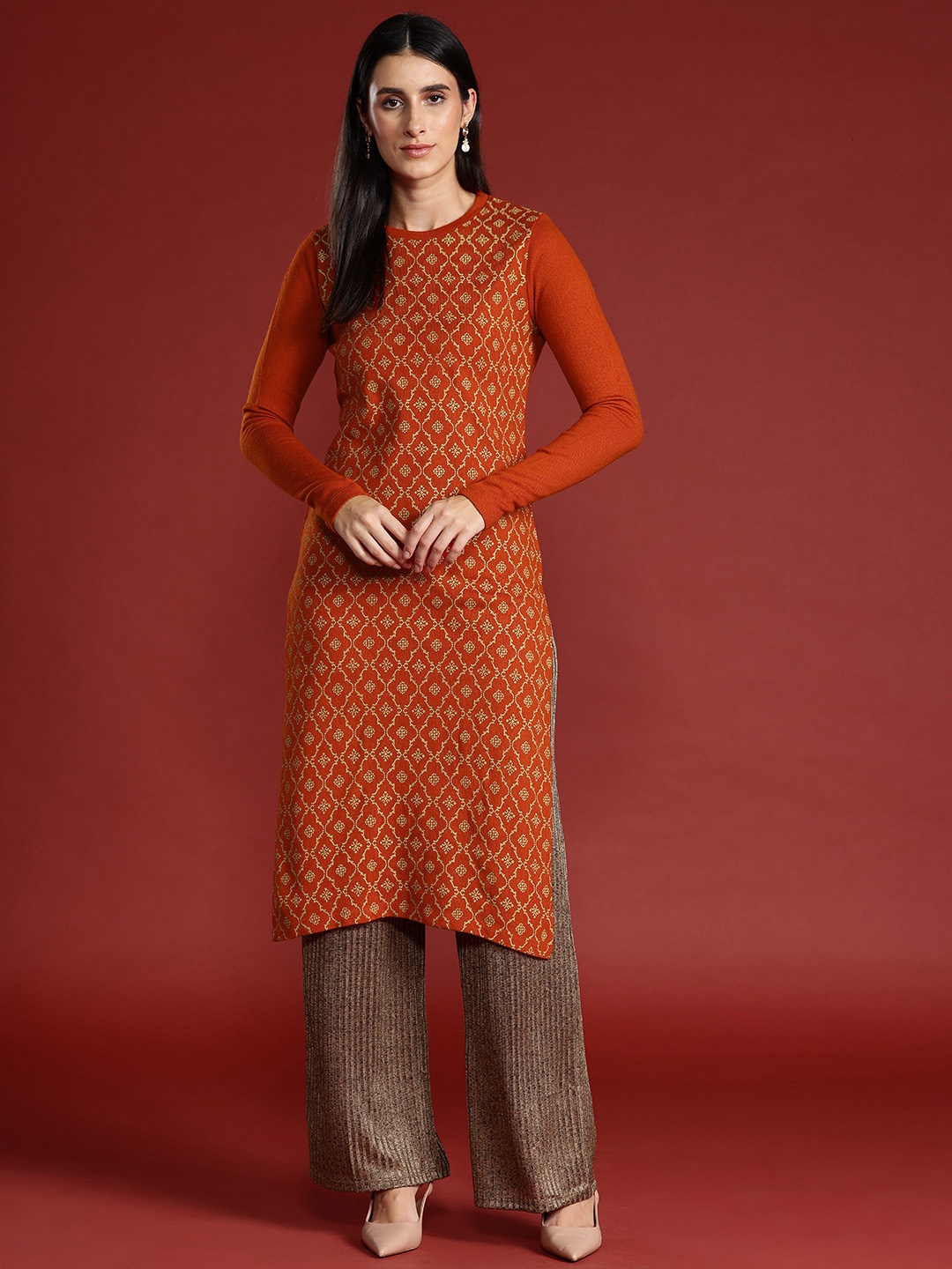

all about you Women Ethnic Motifs Printed Winter Kurta, Orange