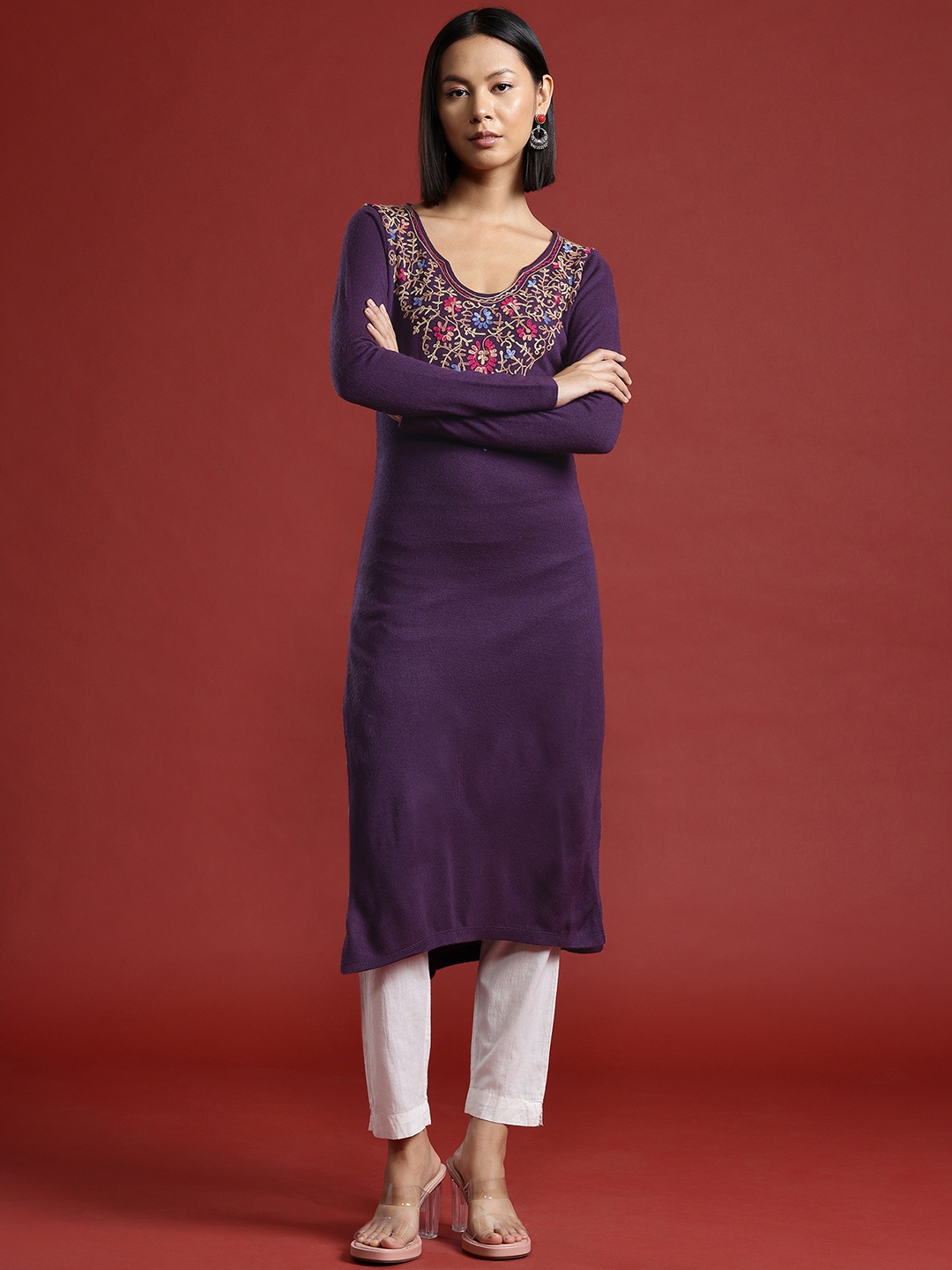 

all about you Floral Yoke Design Acrylic Winter Kurta, Purple