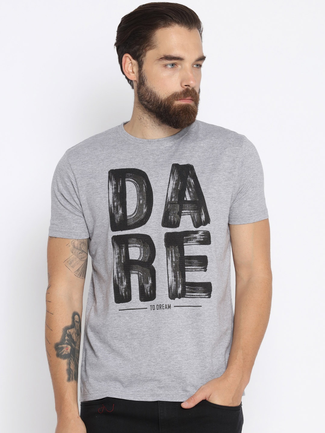 

Status Quo Men Grey Melange Printed Round Neck T-shirt