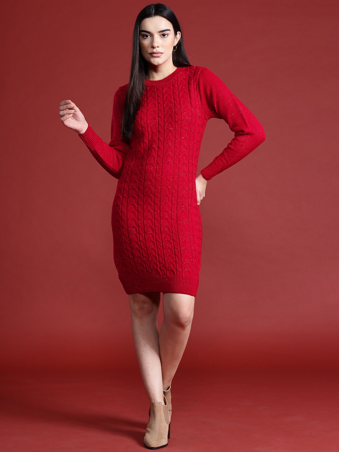 

all about you Self Design Above Knee Sweater Hybrids Jumper Dress, Red