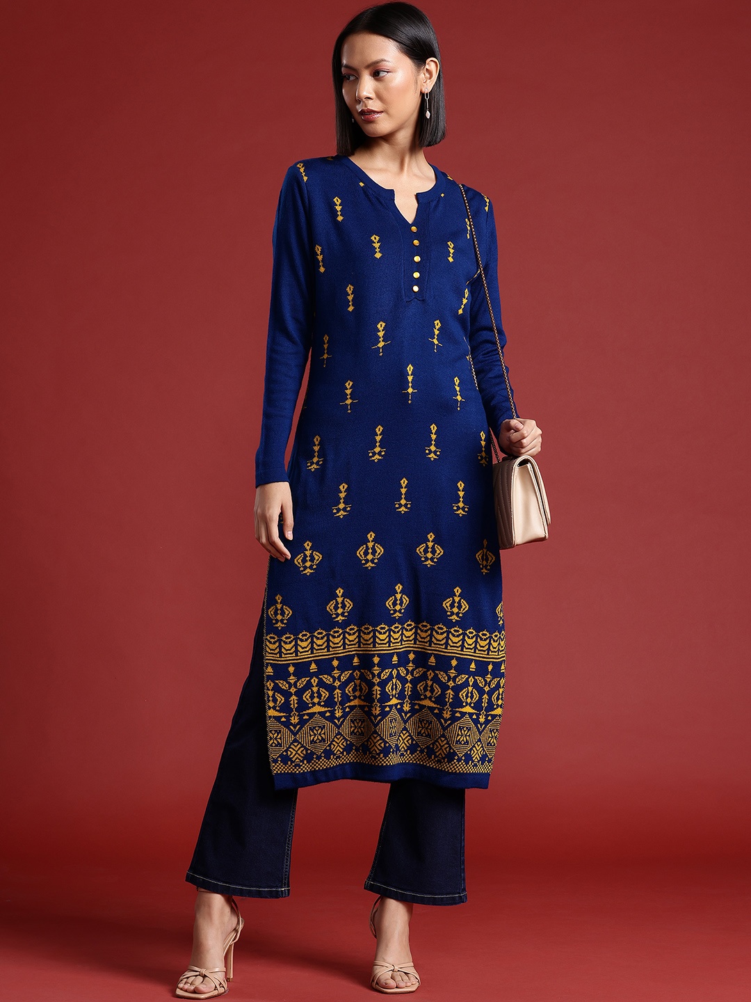 

all about you Ethnic Motifs Woven Designed Winter Kurta, Navy blue
