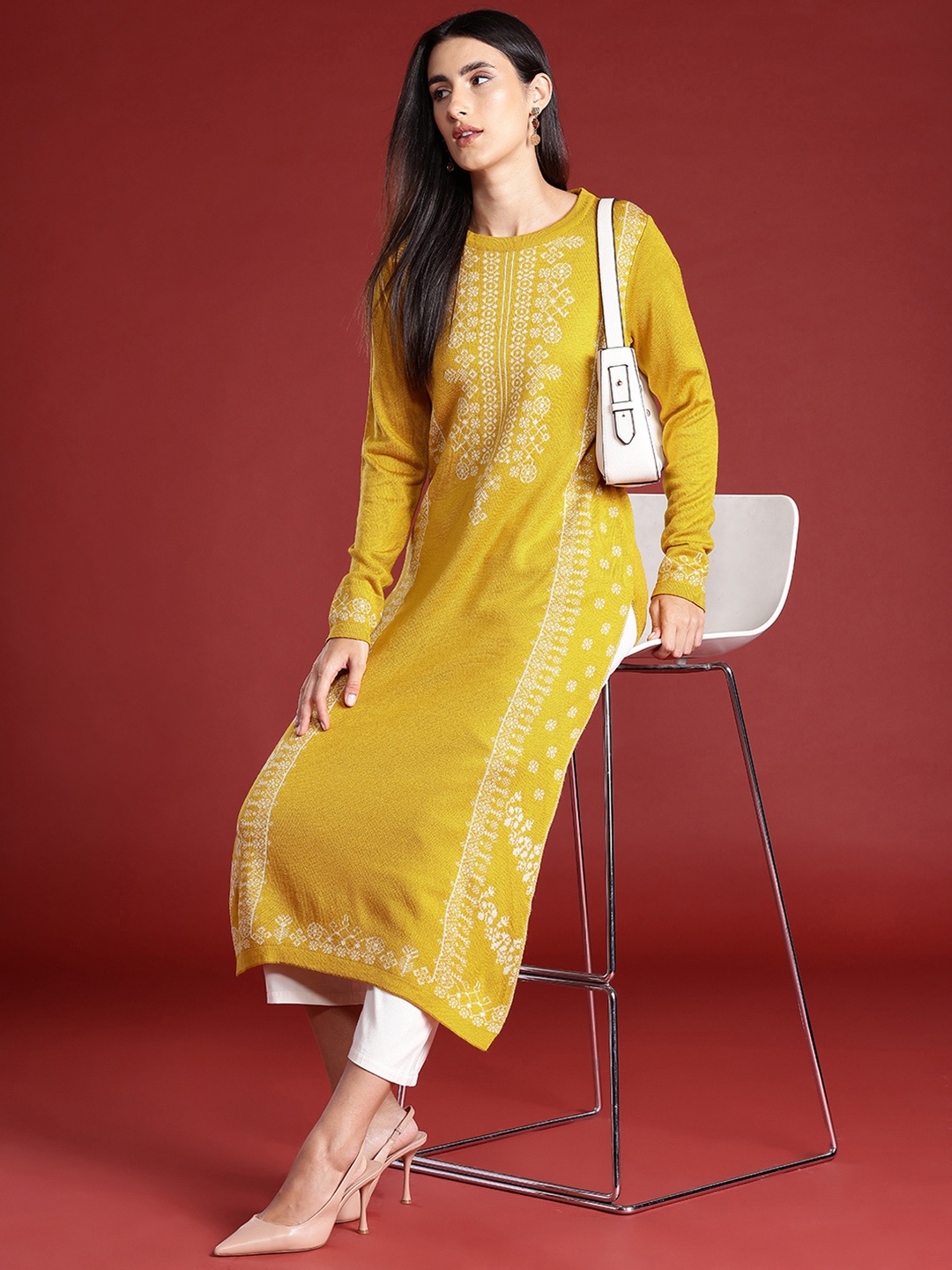 

all about you Ethnic Motifs Woven Design Acrylic Kurta, Mustard