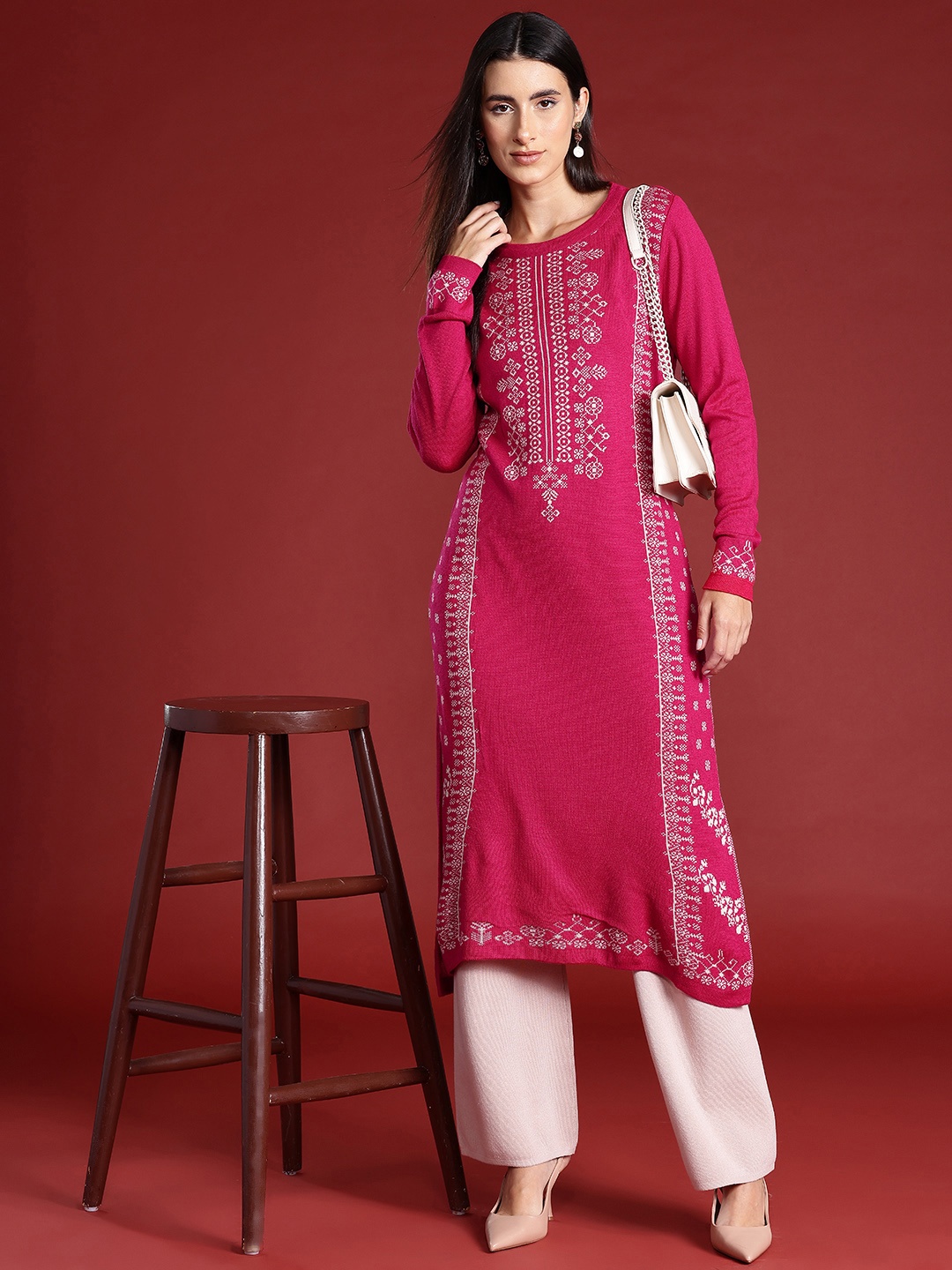 

all about you Ethnic Motifs Woven Design Acrylic Kurta, Pink