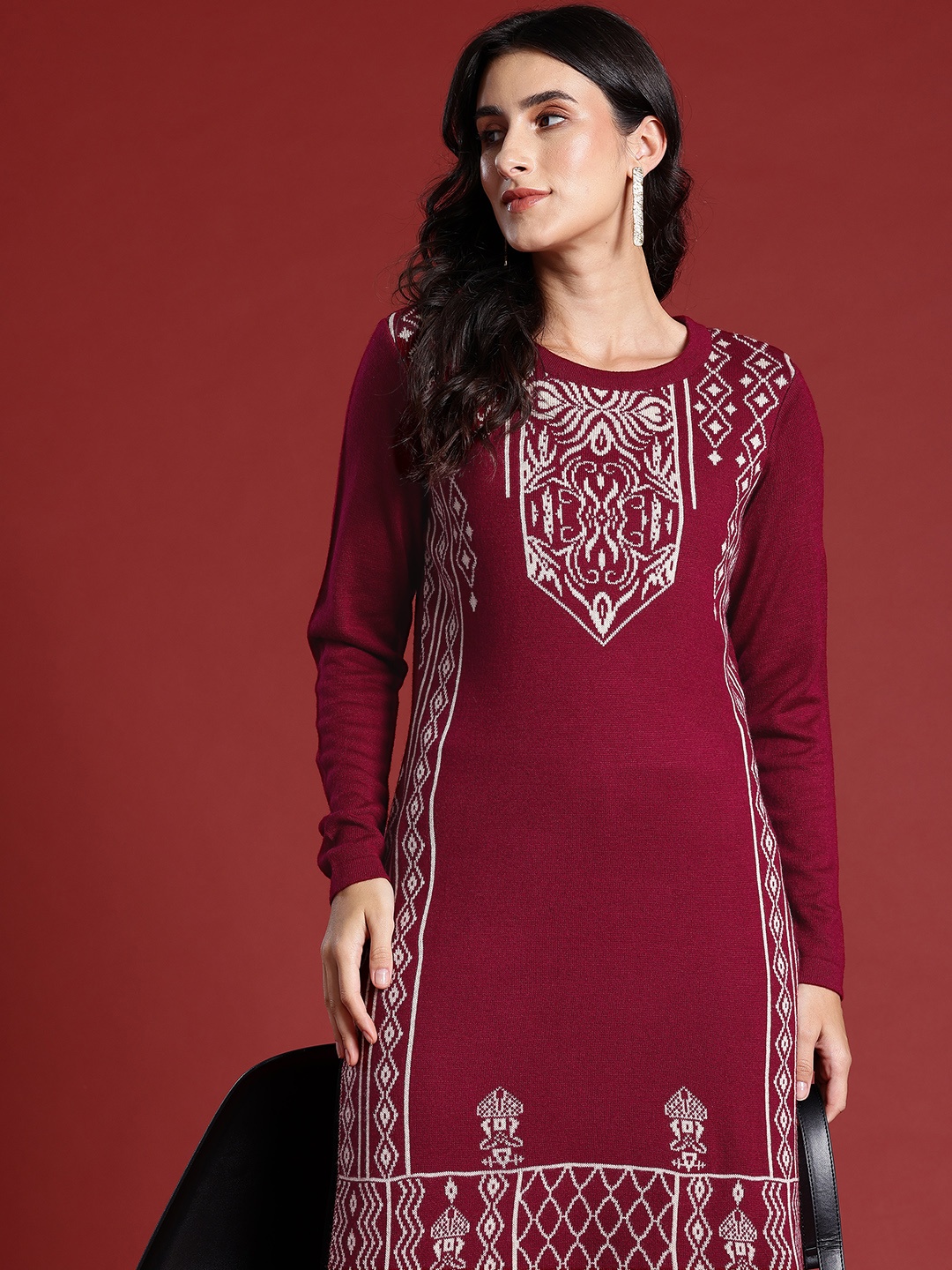 

all about you Woven Designed Straight Winter Kurta, Maroon