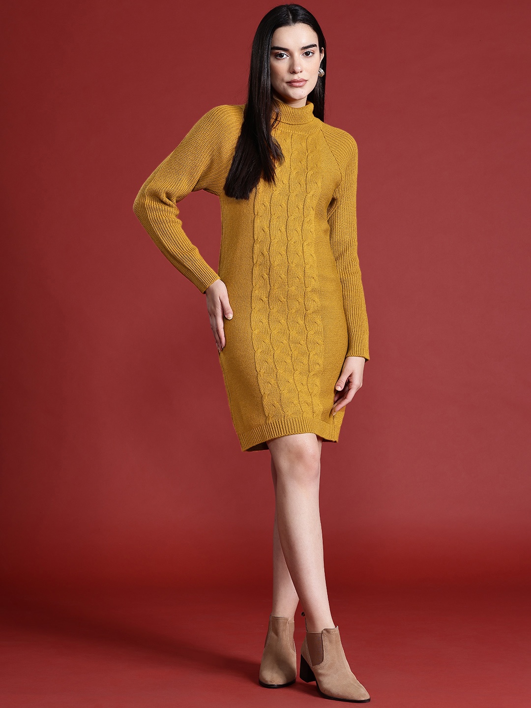 

all about you Turtle Neck Cable Knit Mini Sheath Sweater Dress, Mustard