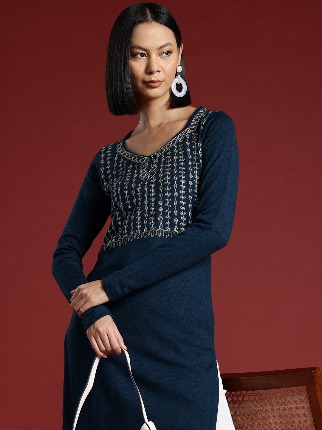 

all about you Floral Yoke Design Thread Work Acrylic Winter Kurta, Teal
