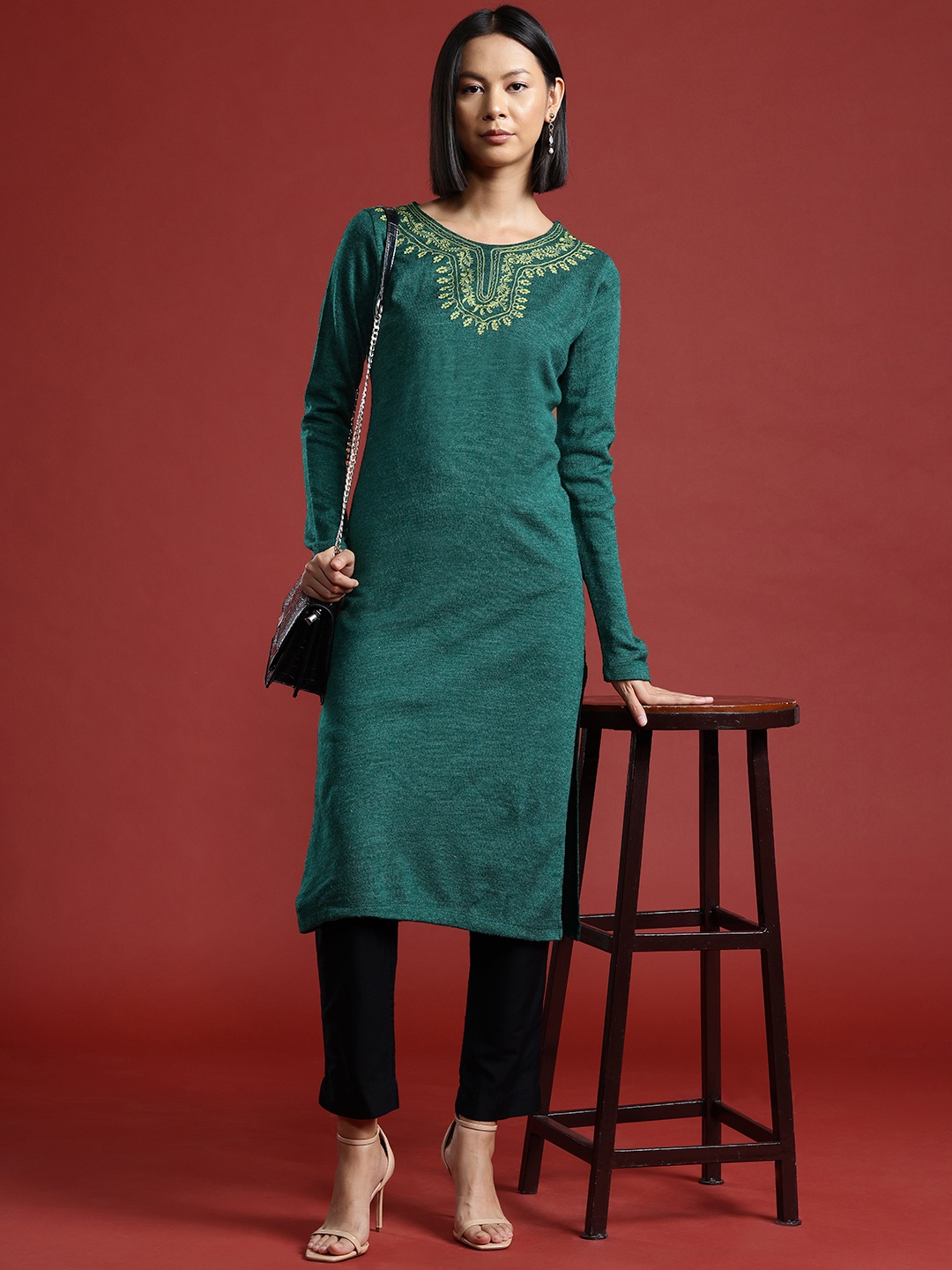 

all about you Zari Yoke Design Winter Kurta, Green