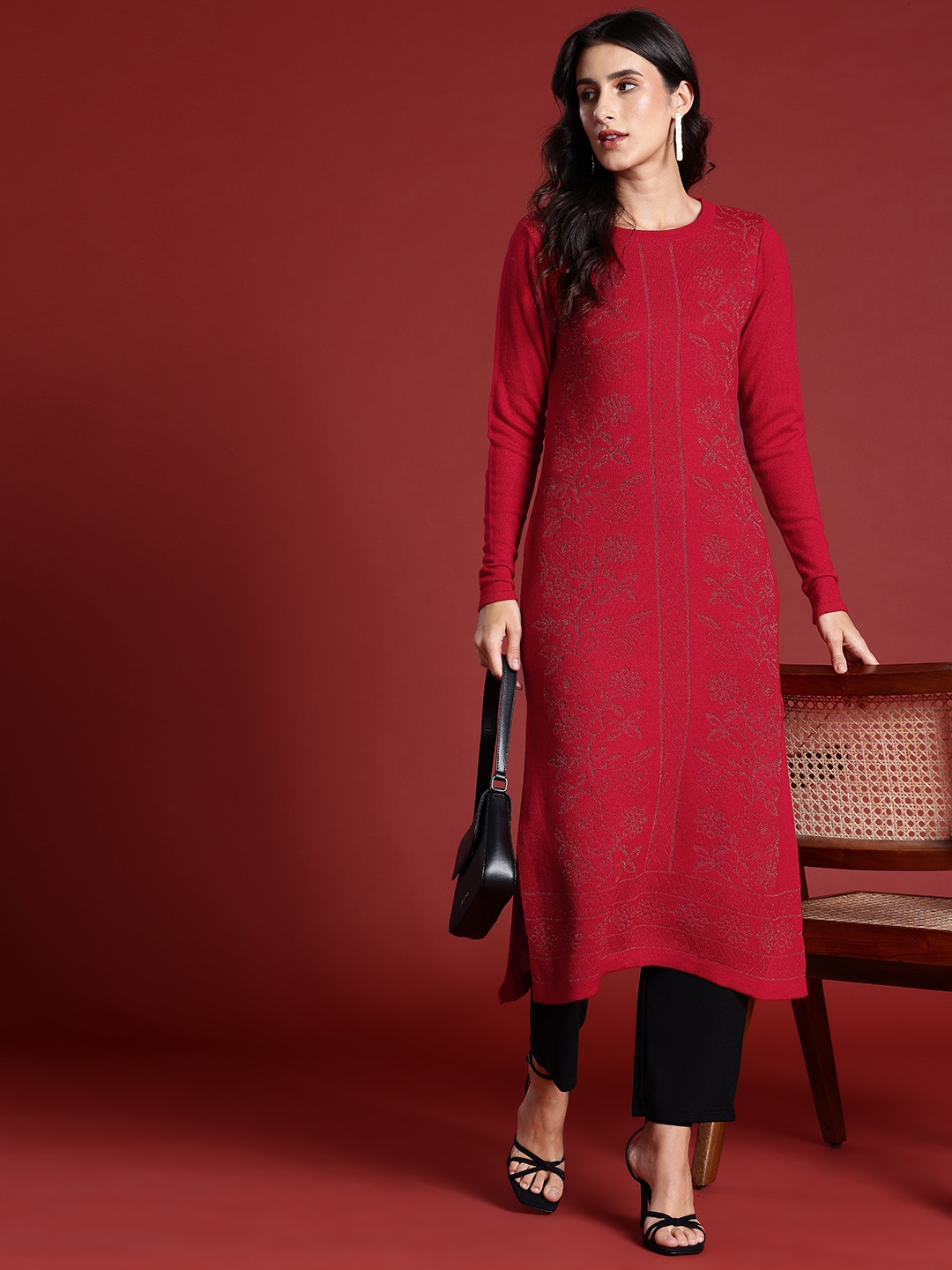 

all about you Woven Designed Straight Winter Kurta, Red