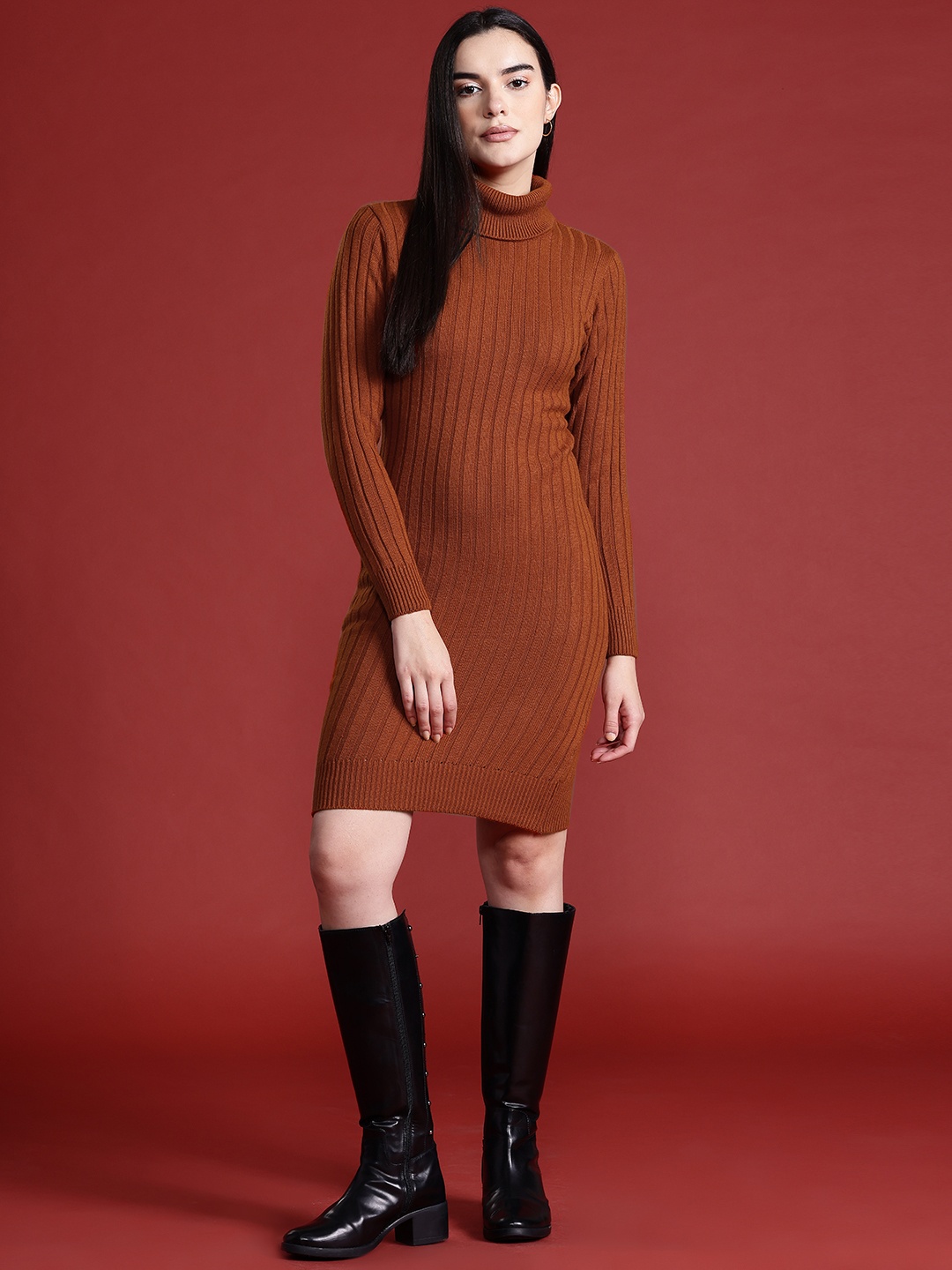 

all about you Solid Turtle Neck October-Fascination Infatuation Sheath Dress, Brown