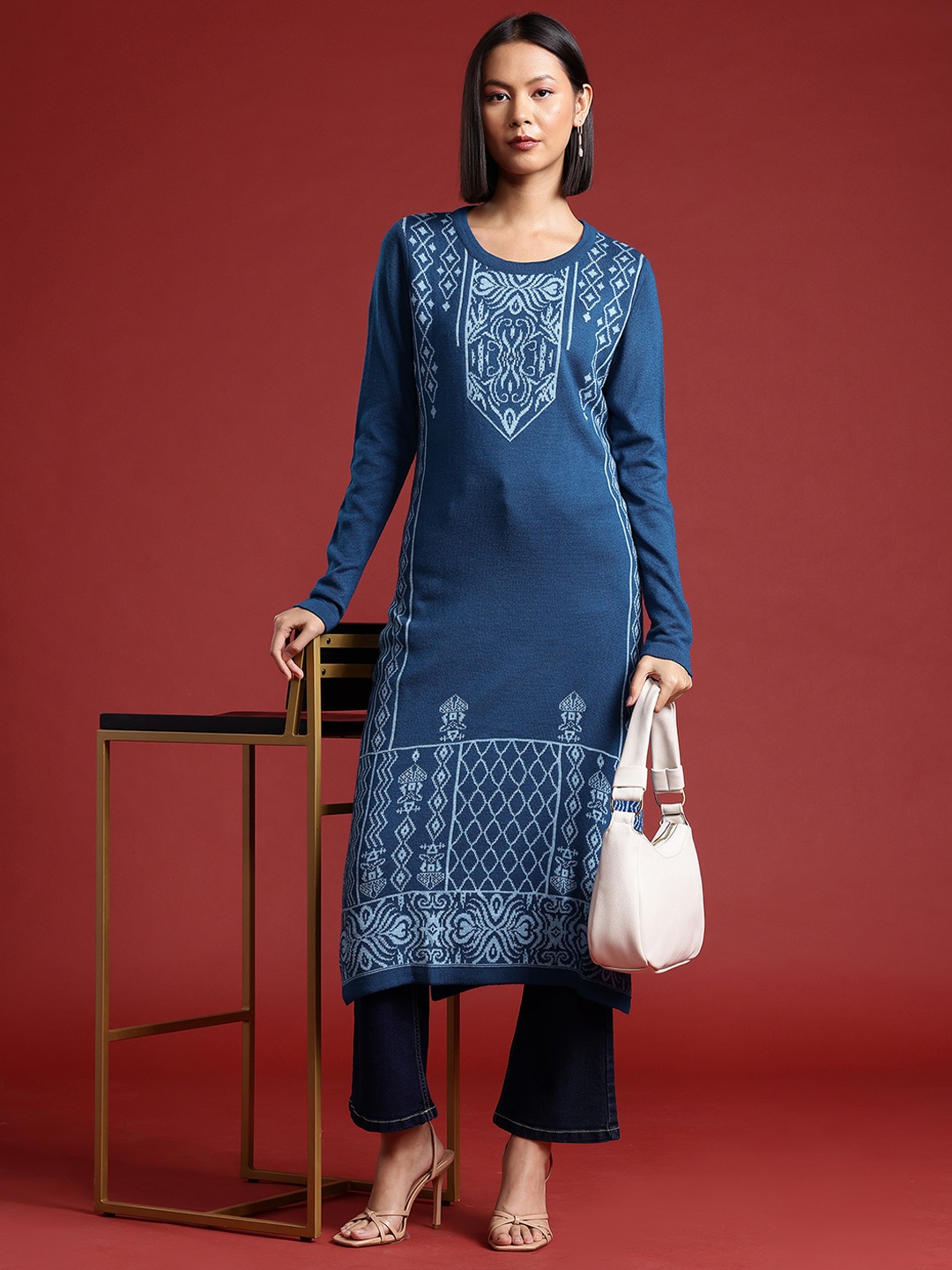 

all about you Ethnic Motifs Acrylic Kurta, Teal