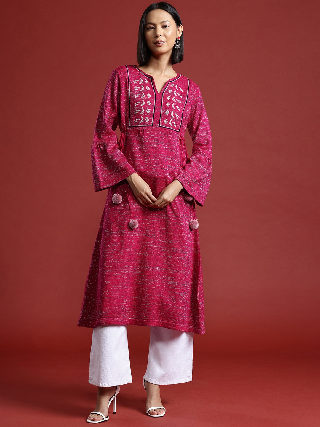 

all about you Embroidered Yoke Design Bell Sleeves Kurta, Magenta