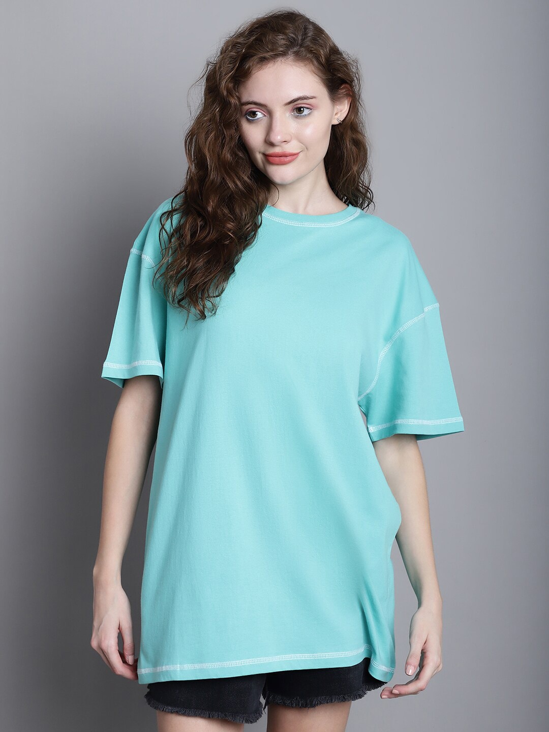 

DOOR74 Round Neck Cotton Oversize T-shirt, Green