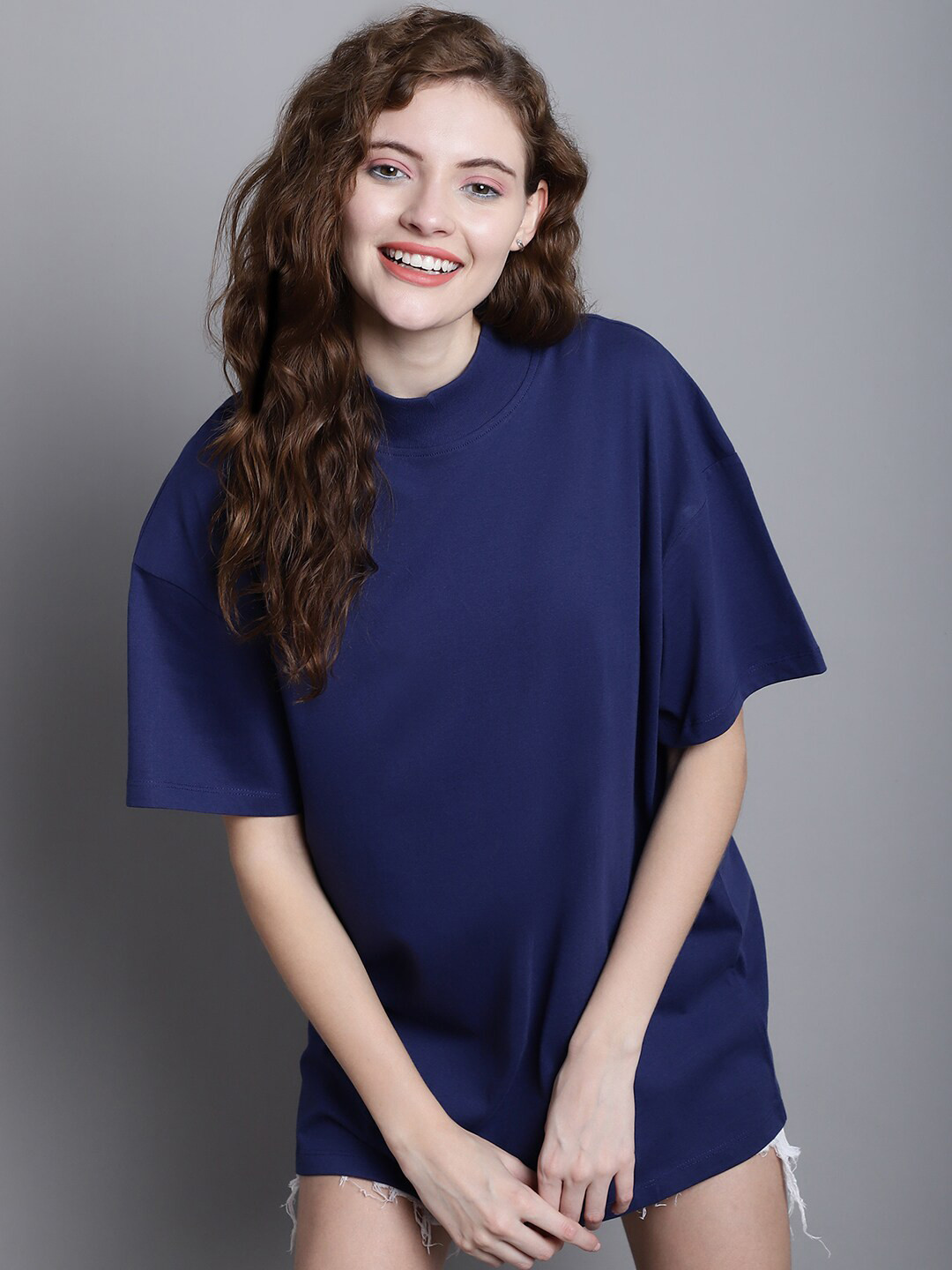 

DOOR74 Drop-Shoulder Sleeves Cotton Oversized T-shirt, Navy blue