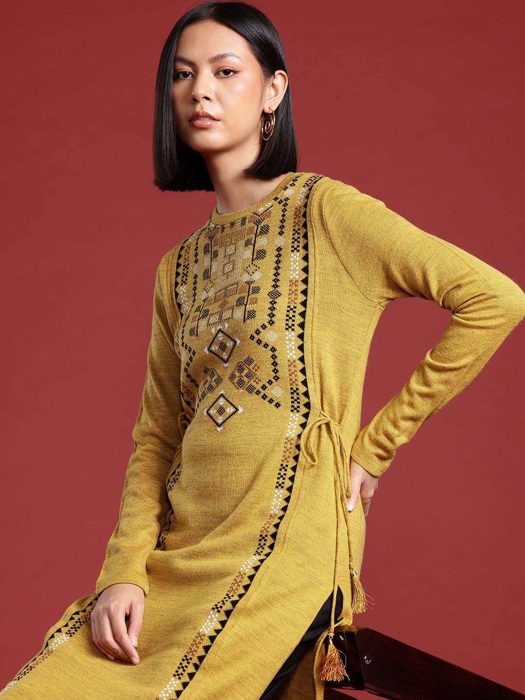 

all about you Pure Acrylic Side Tie-Ups Knitted Pattern Winter Kurta, Mustard