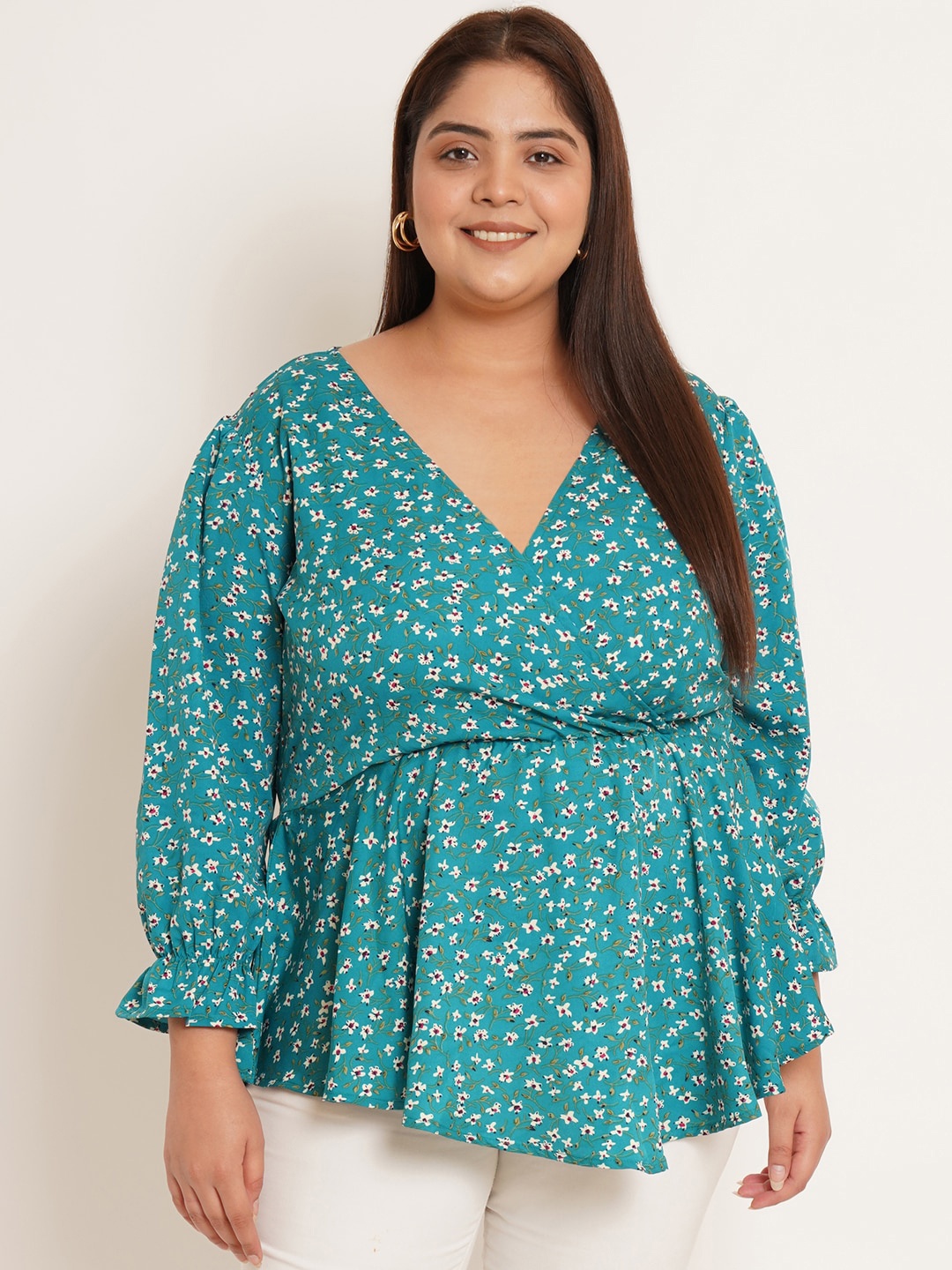 

U&F Beyond Floral Print Puff Sleeve Crepe Empire Top, Turquoise blue