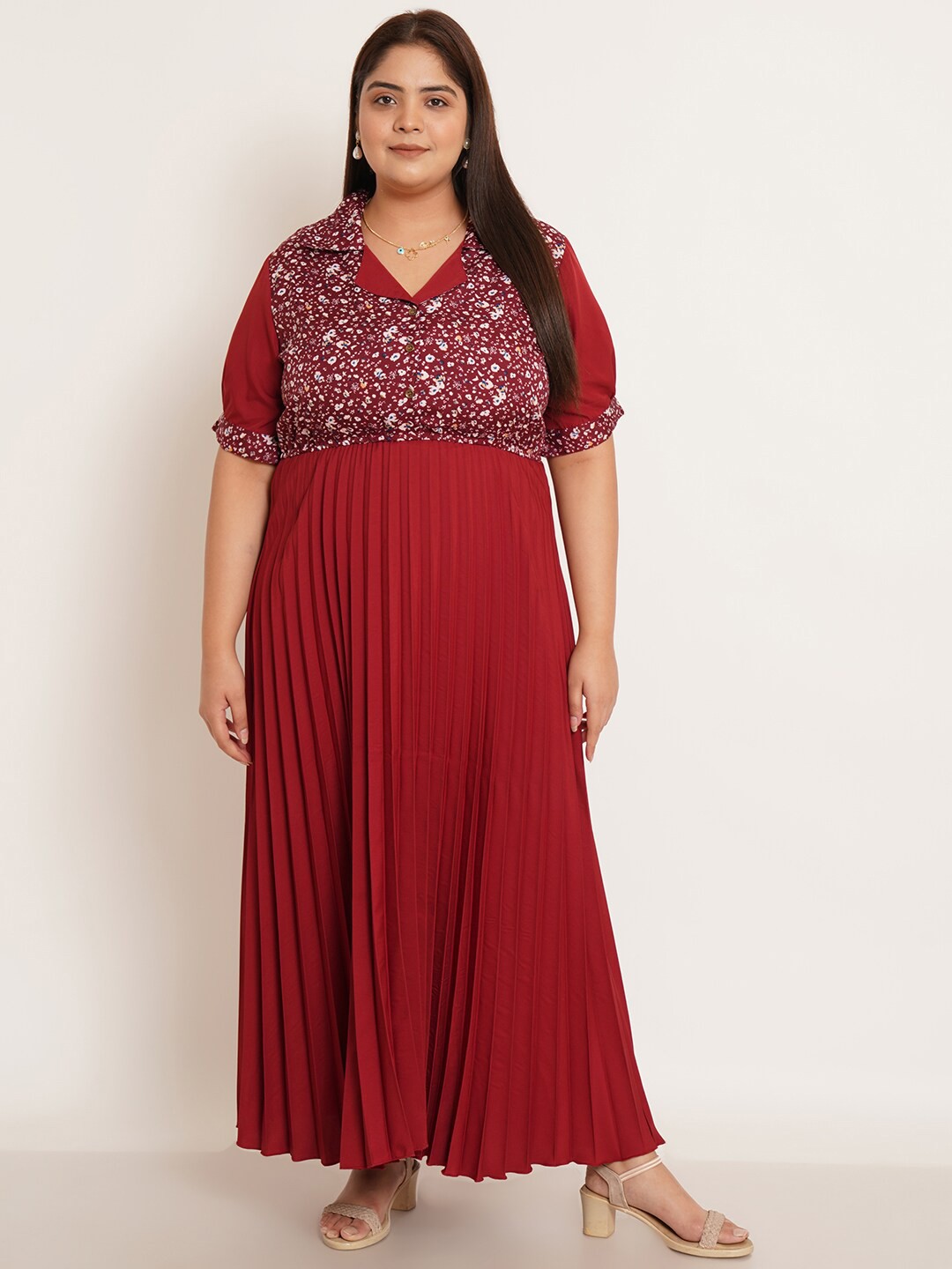 

U&F Beyond Floral Printed Cuban Collar Puff Sleeves Plus Size Maxi Dress, Maroon