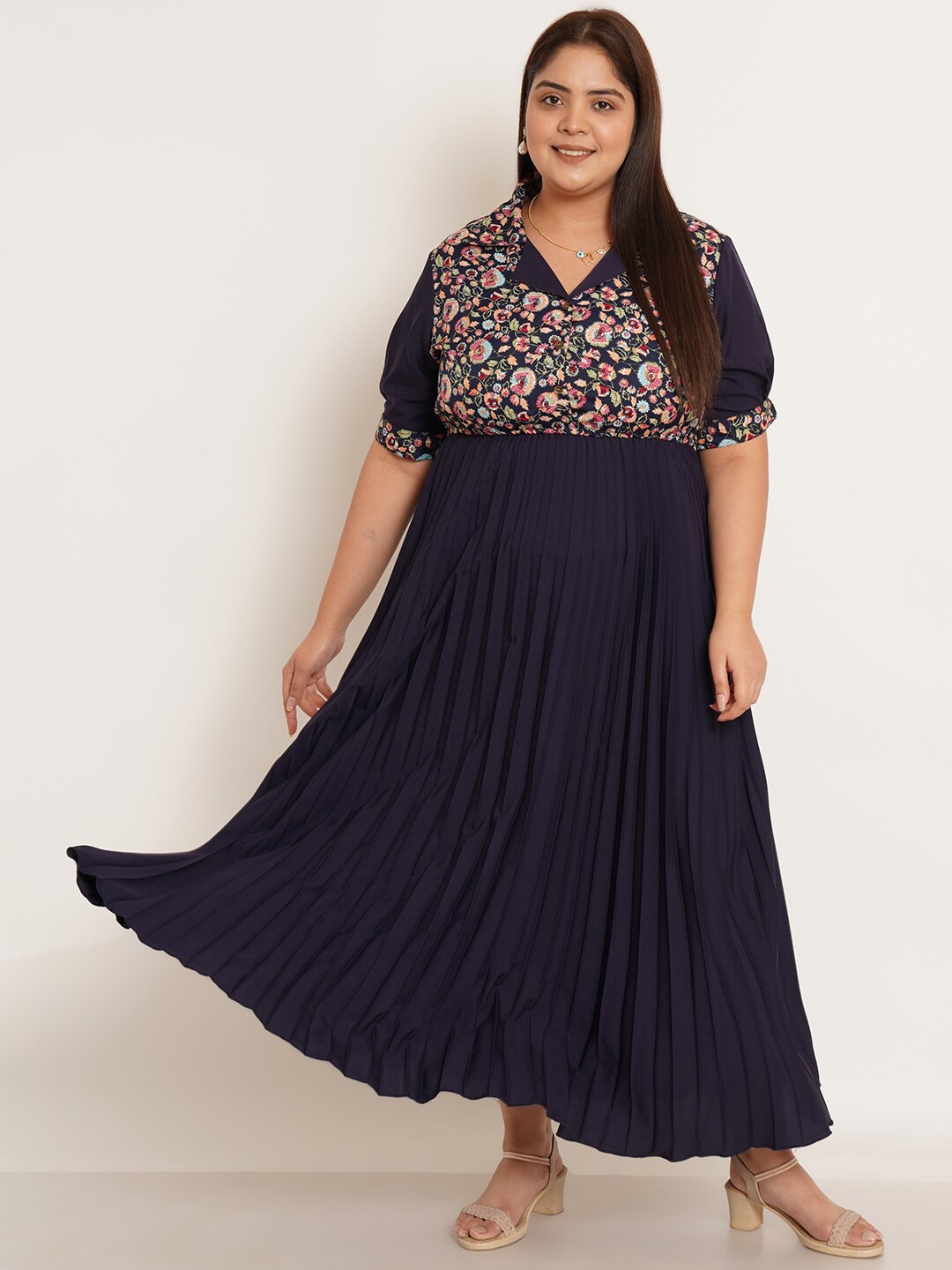 U&F Beyond Floral Printed Cuban Collar Puff Sleeves Plus Size Maxi Dress, Blue