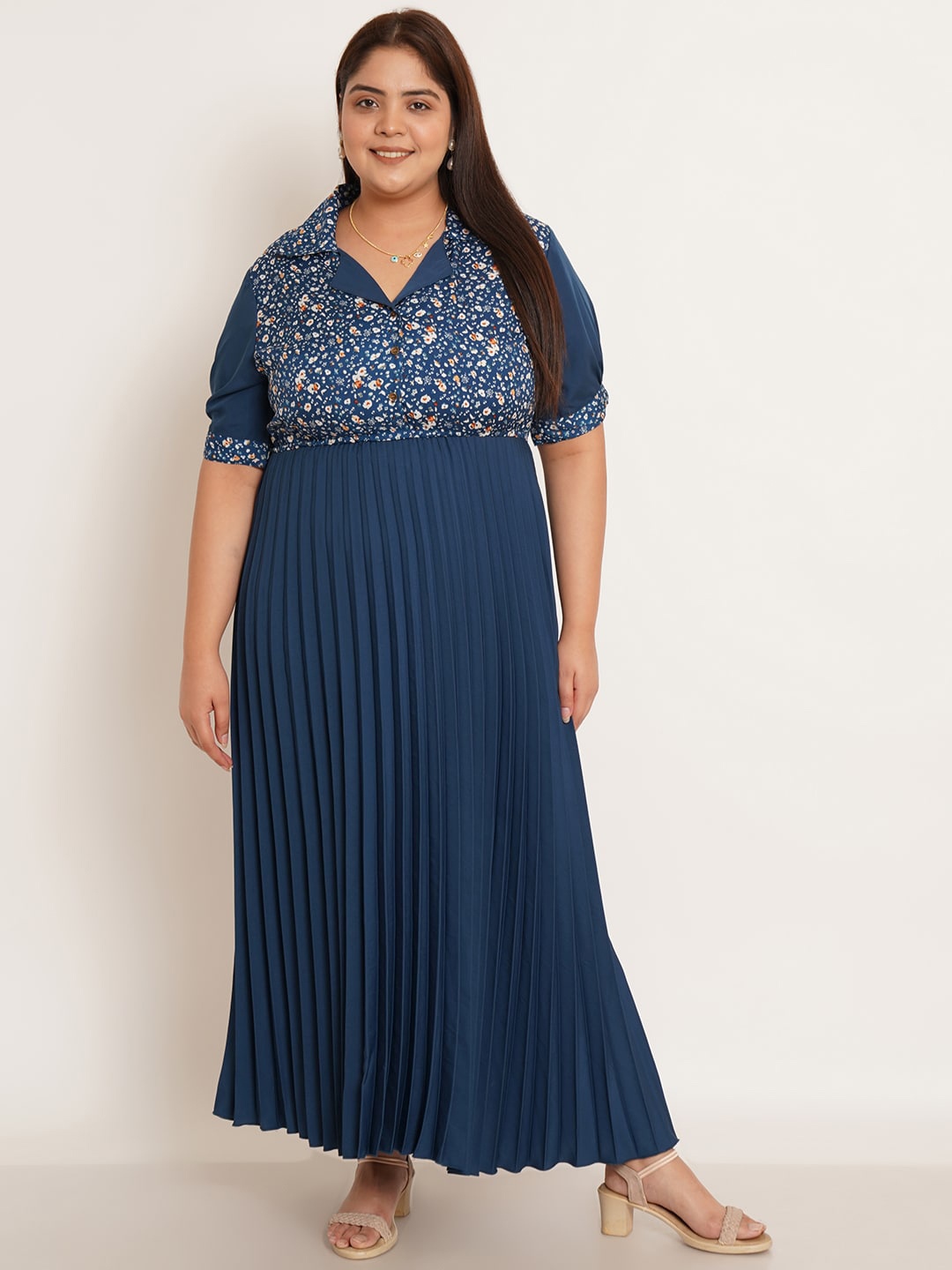 

U&F Beyond Floral Printed Cuban Collar Puff Sleeves Plus Size Maxi Dress, Blue