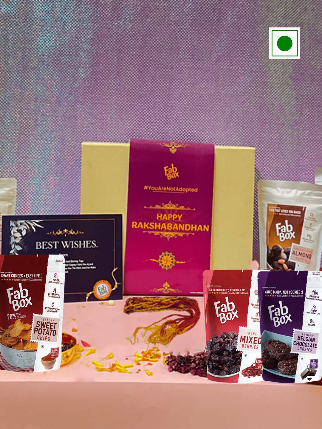 

FabBox Beaded Rakhi With Snacks & Chocolate & Cookies Gift Set, Yellow