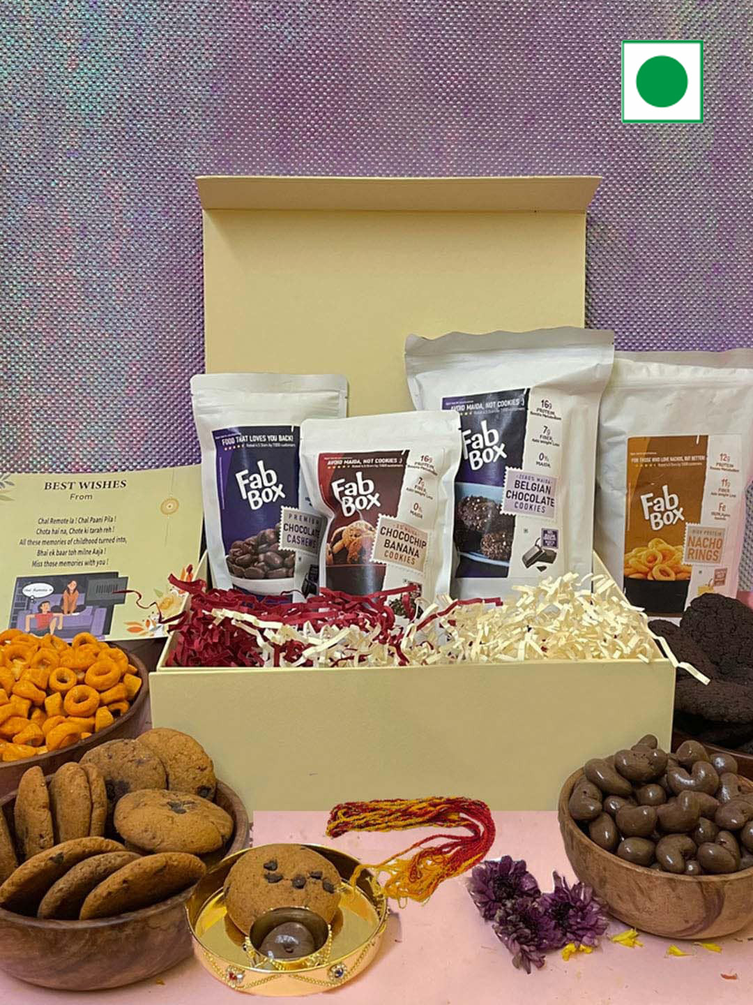 

FabBox Beaded Rakhi With Snacks & Cookies Gift Set, Yellow